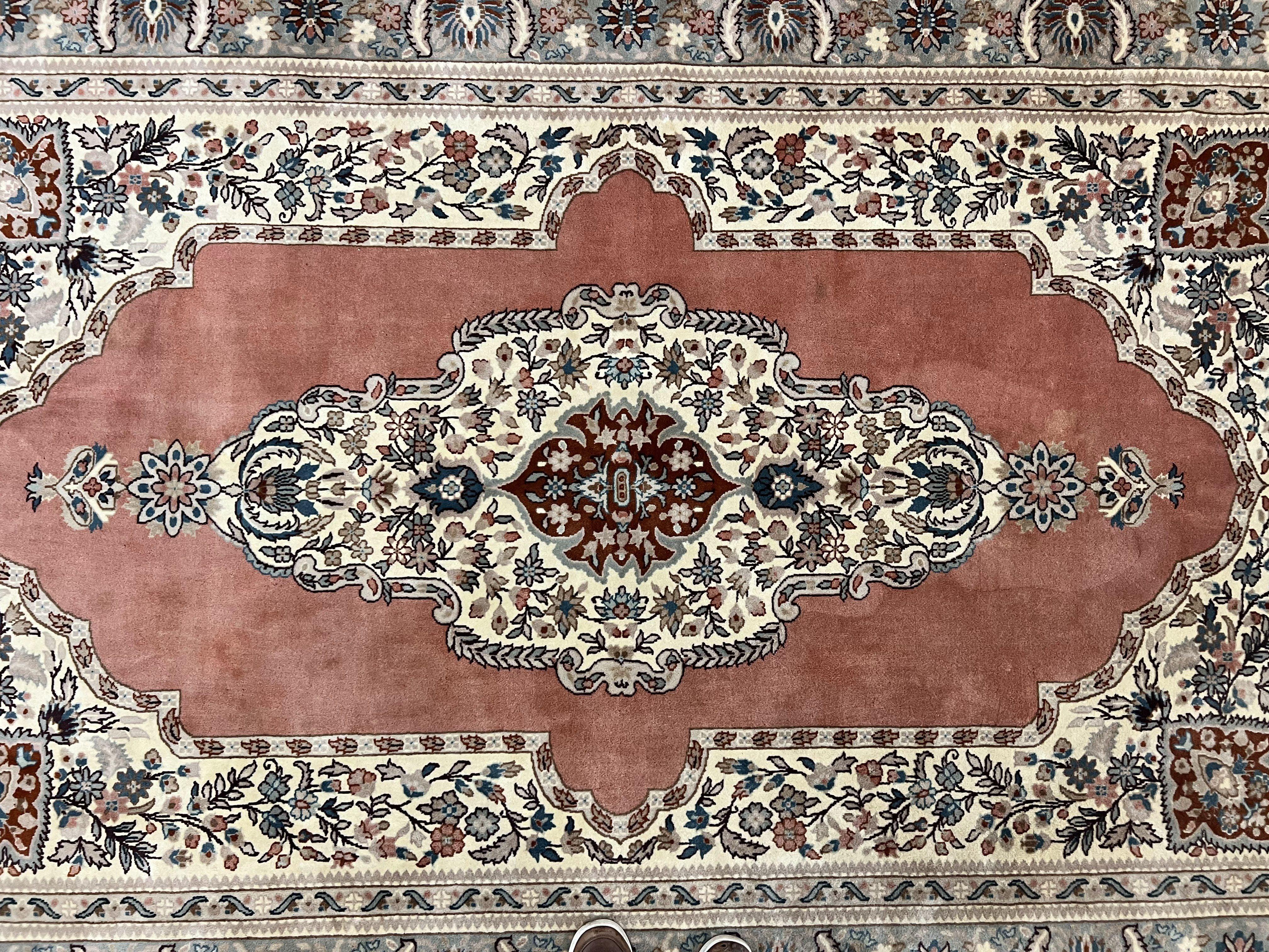 Indo Persian Rug 6x9, Semi Open Field Medallion Rug, Vintage Hand Knotted Wool Oriental Carpet, Traditional Rug, Light Pink, Medium Size - Jewel Rugs