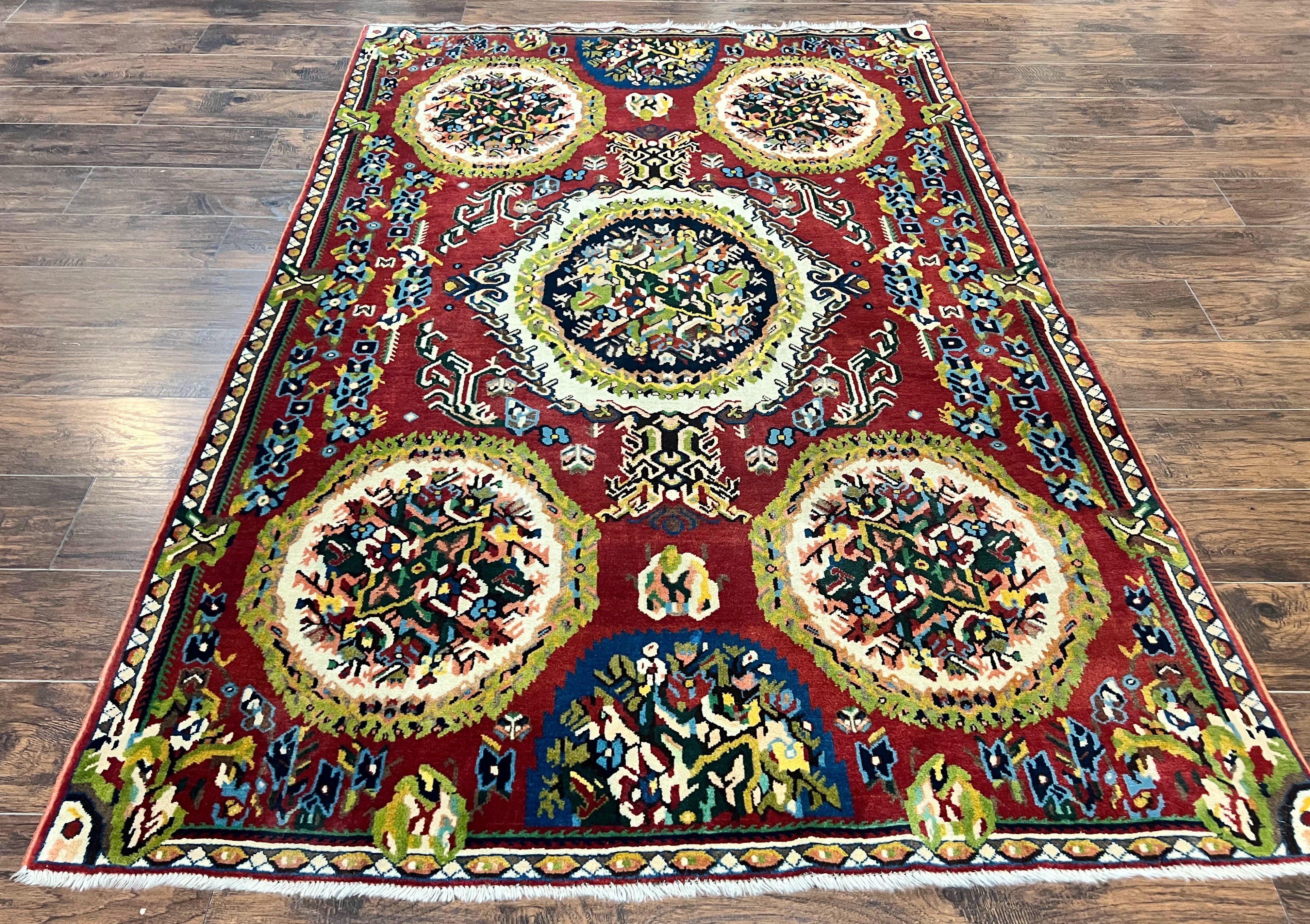 Persian Bakhtiari Rug 5x8, Wool Hand Knotted Antique Carpet, Red, Floral Oriental Rug, 5 x 8 Medium Sized Rug - Jewel Rugs