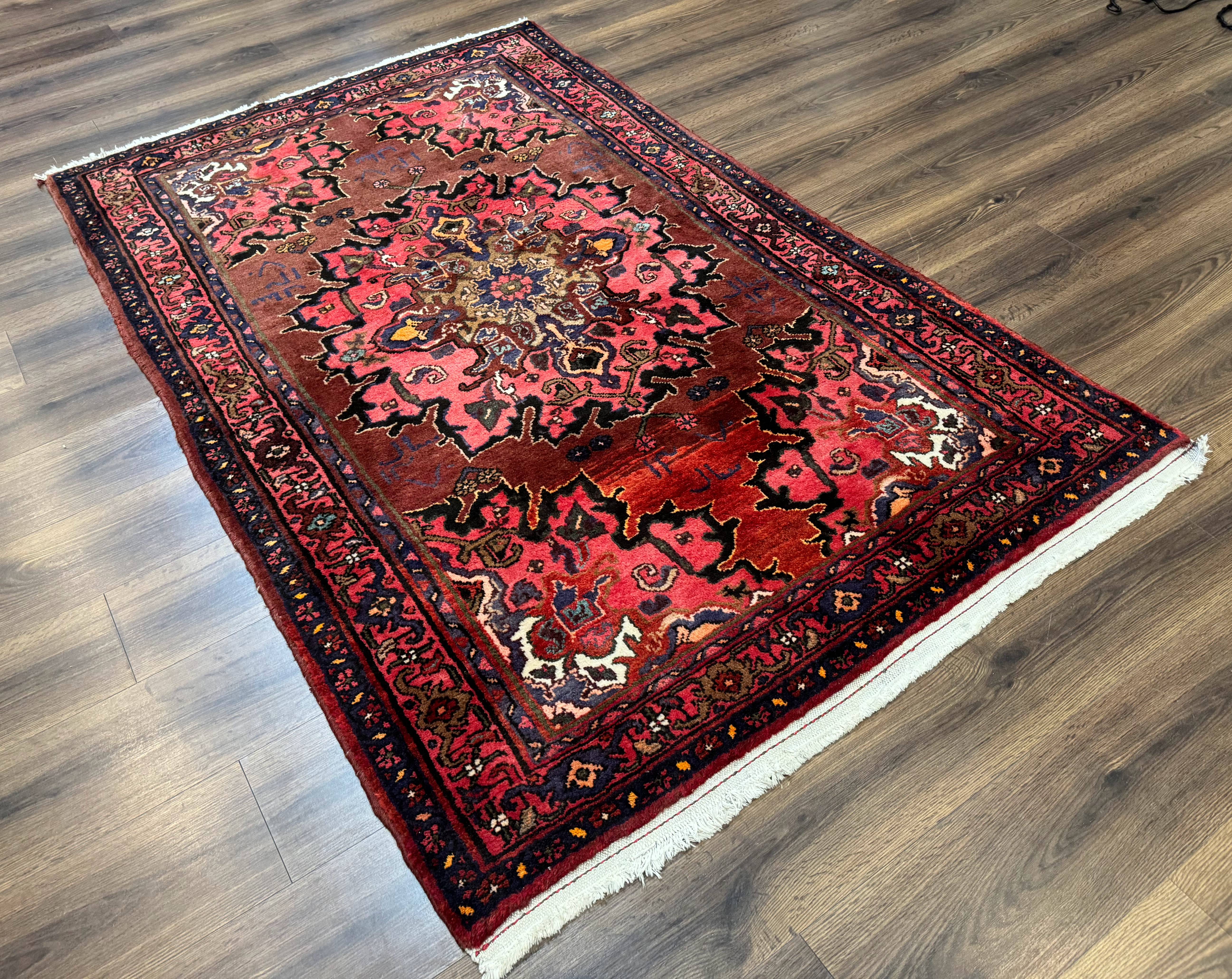 Persian Hamadan Rug 4x7, Red Pink Navy Blue, Vintage, Large Medallion, Village Tribal Carpet - Jewel Rugs