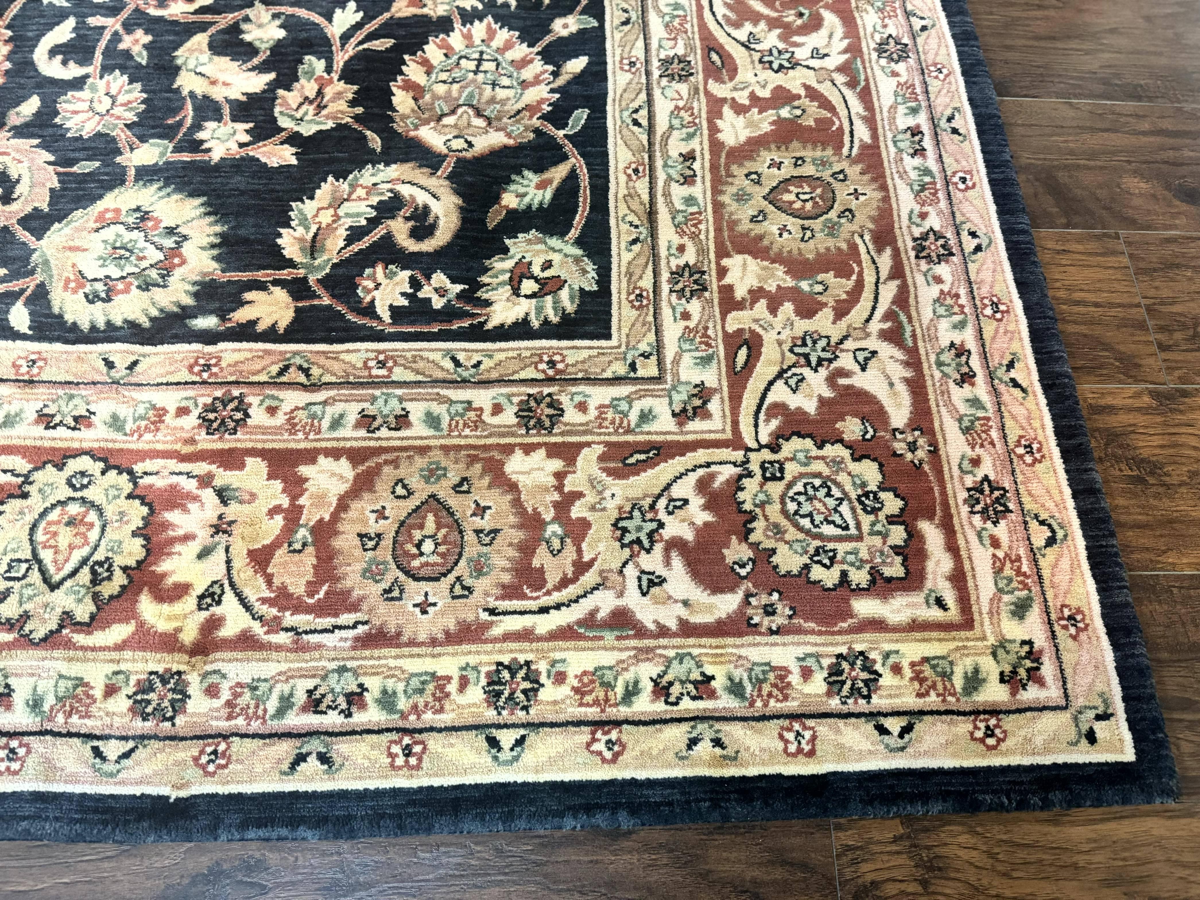 Vintage Oriental Rug 8x11, Floral Persian Design Carpet, Turkish Power Loomed Rug, Navy Blue Red Cream - Jewel Rugs