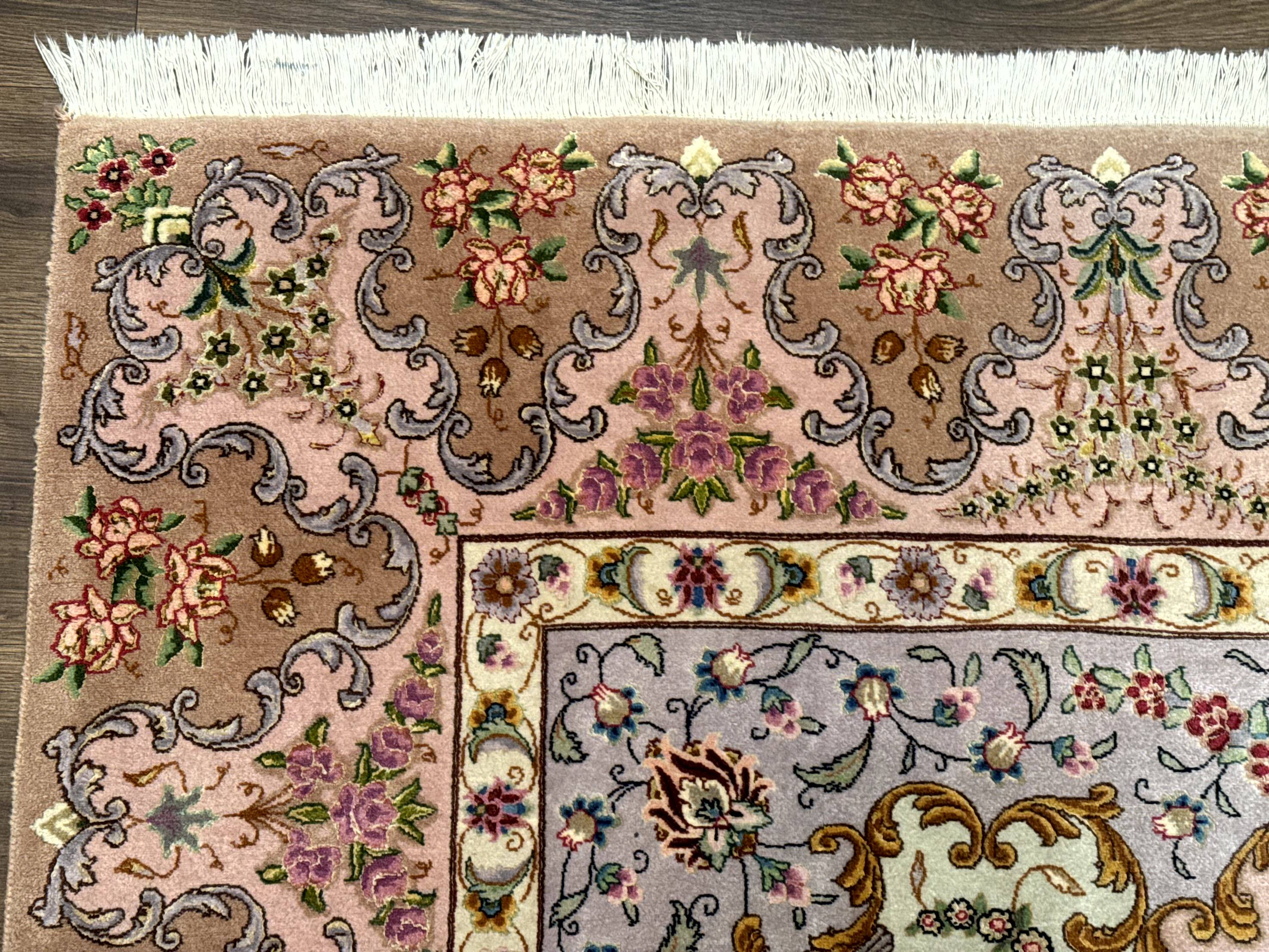 Wonderful Persian Tabriz Rug 7x10, Very Fine 330 KPSI, Light Green Light Blue Pink, Kork Wool Silk Foundation, Bird Pictorials - Jewel Rugs