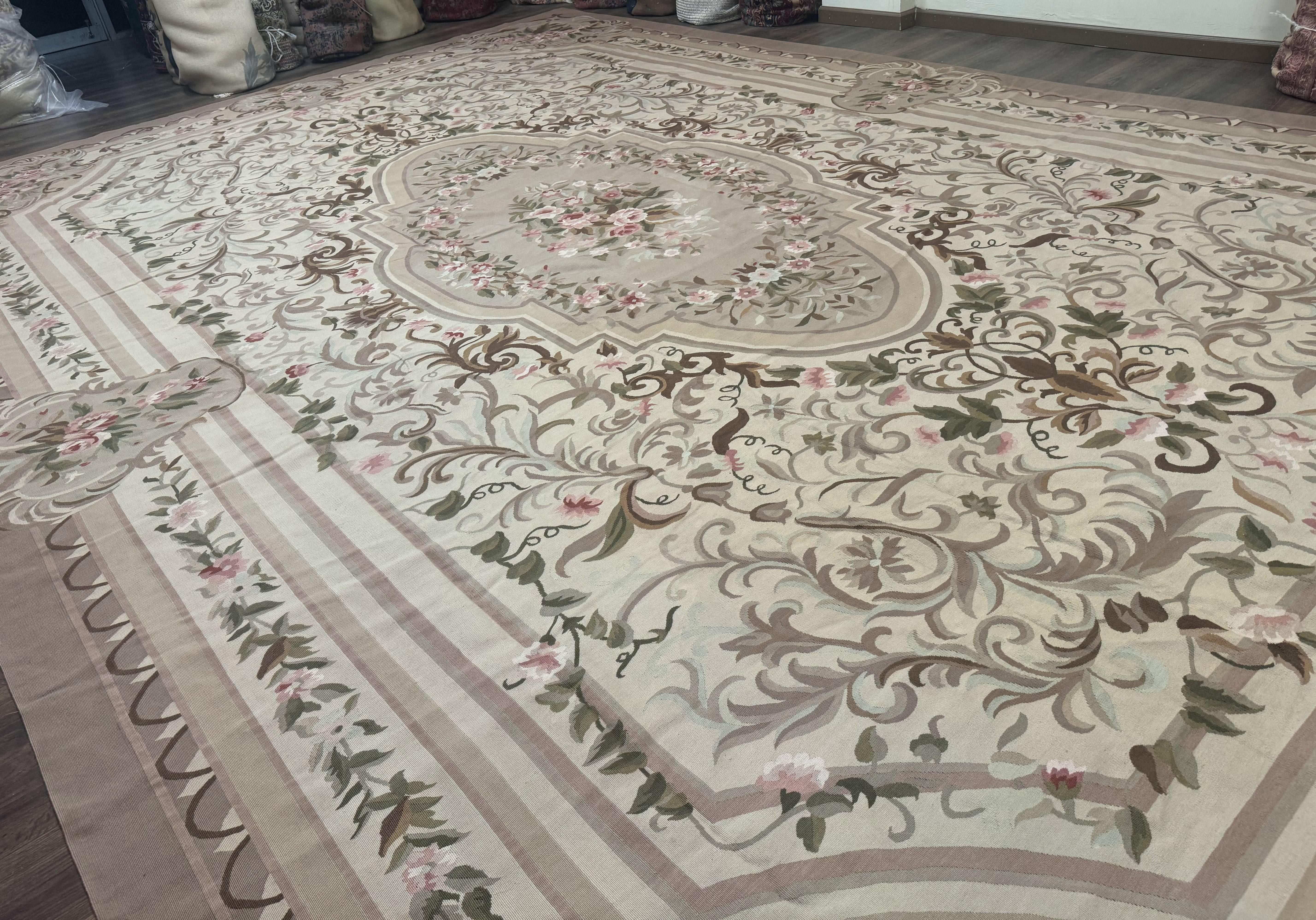 Palace Sized Aubusson Rug 13 x 20, Flatweave Aubusson Weave, Oversized Rug, European French Elegant Design - Jewel Rugs