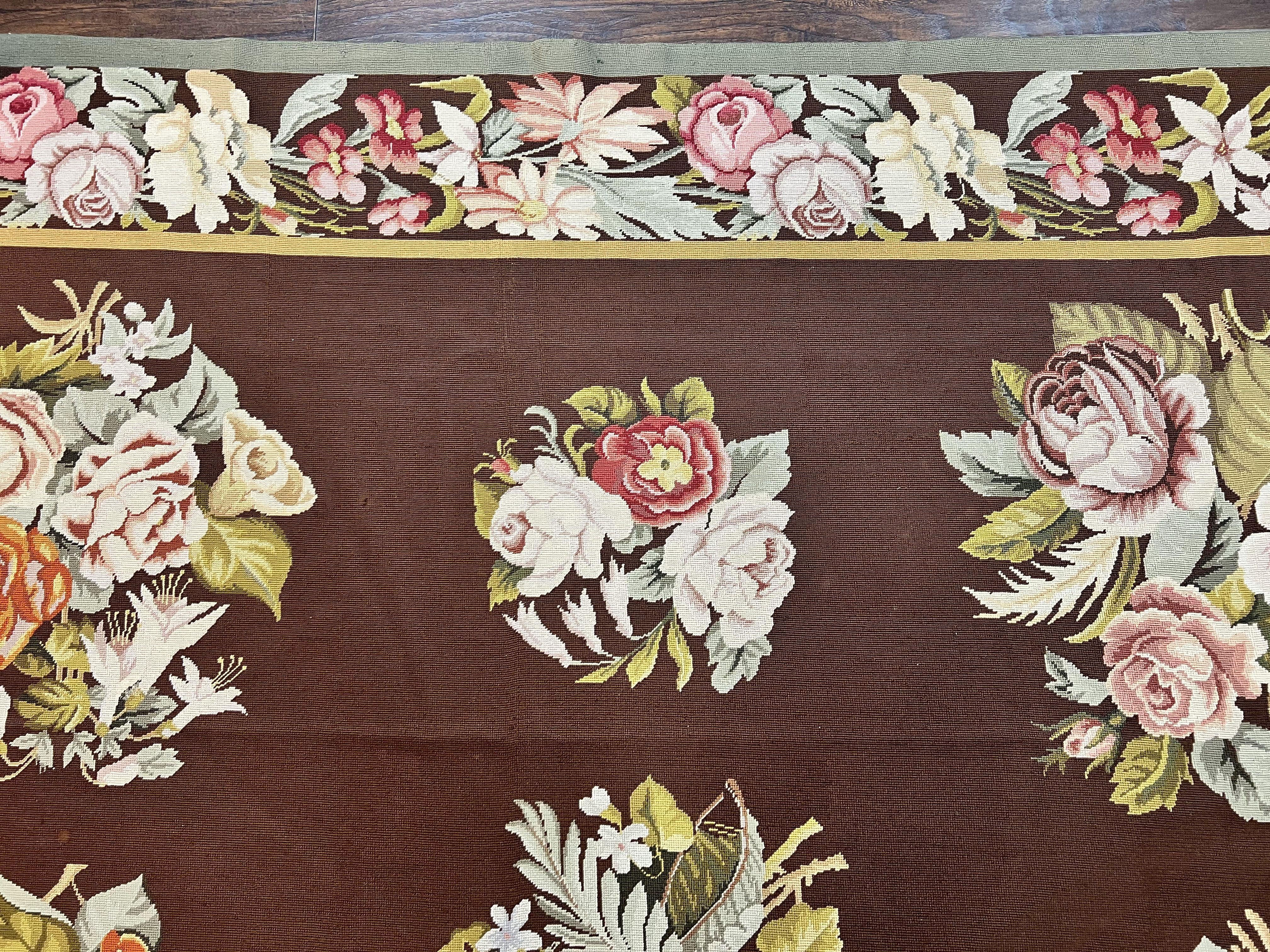 Vintage Needlepoint Rug 9x12, Large Handmade Hand-woven Needlepoint Carpet, Brown Area Rug, Floral Bouquets, Wool Rug, European Design - Jewel Rugs