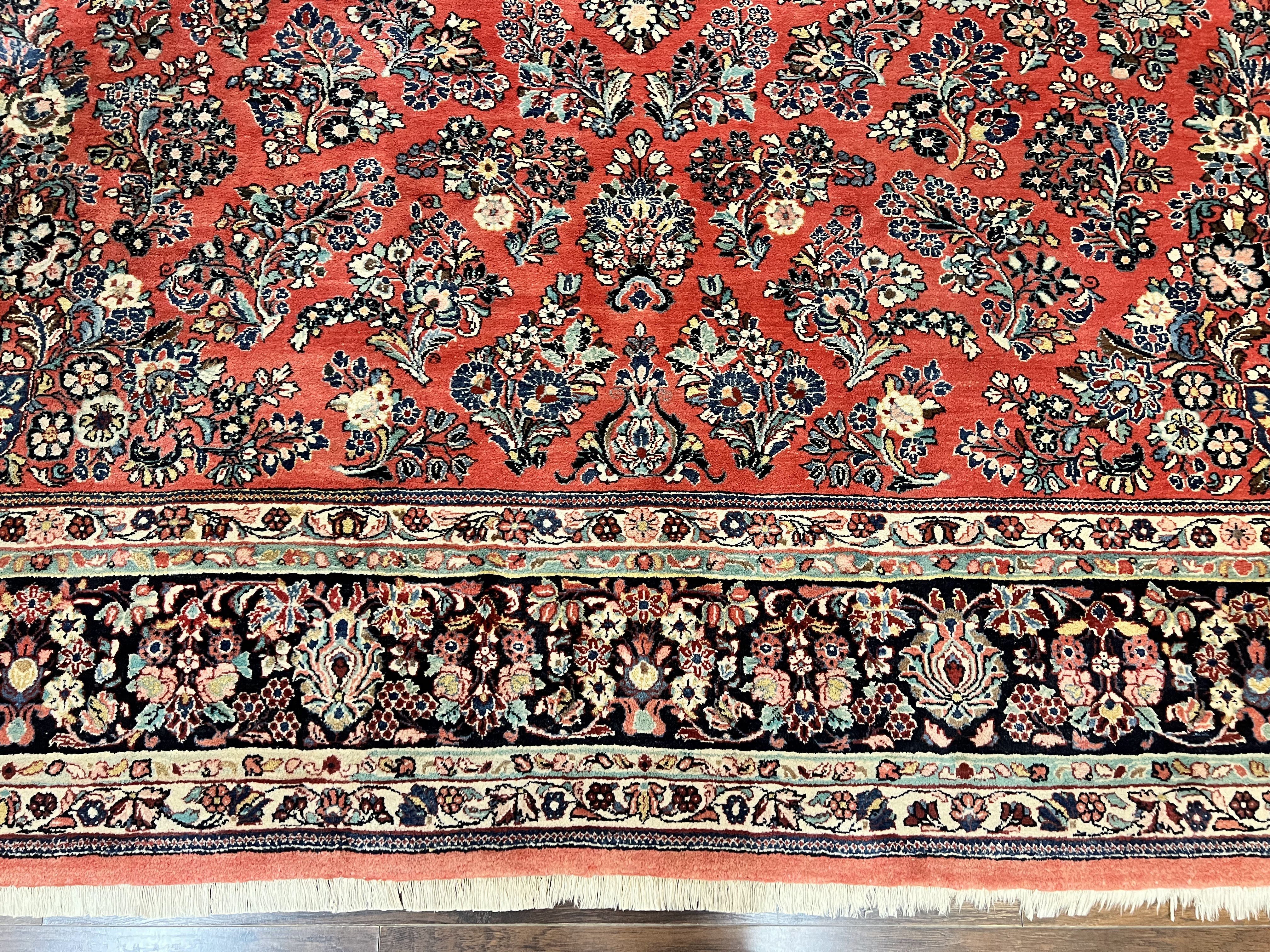 Square Persian Sarouk Rug 11x11 ft, Rare Size, Hand Knotted Wool Floral Allover Red Persian Carpet, Handmade Antique Rug - Jewel Rugs
