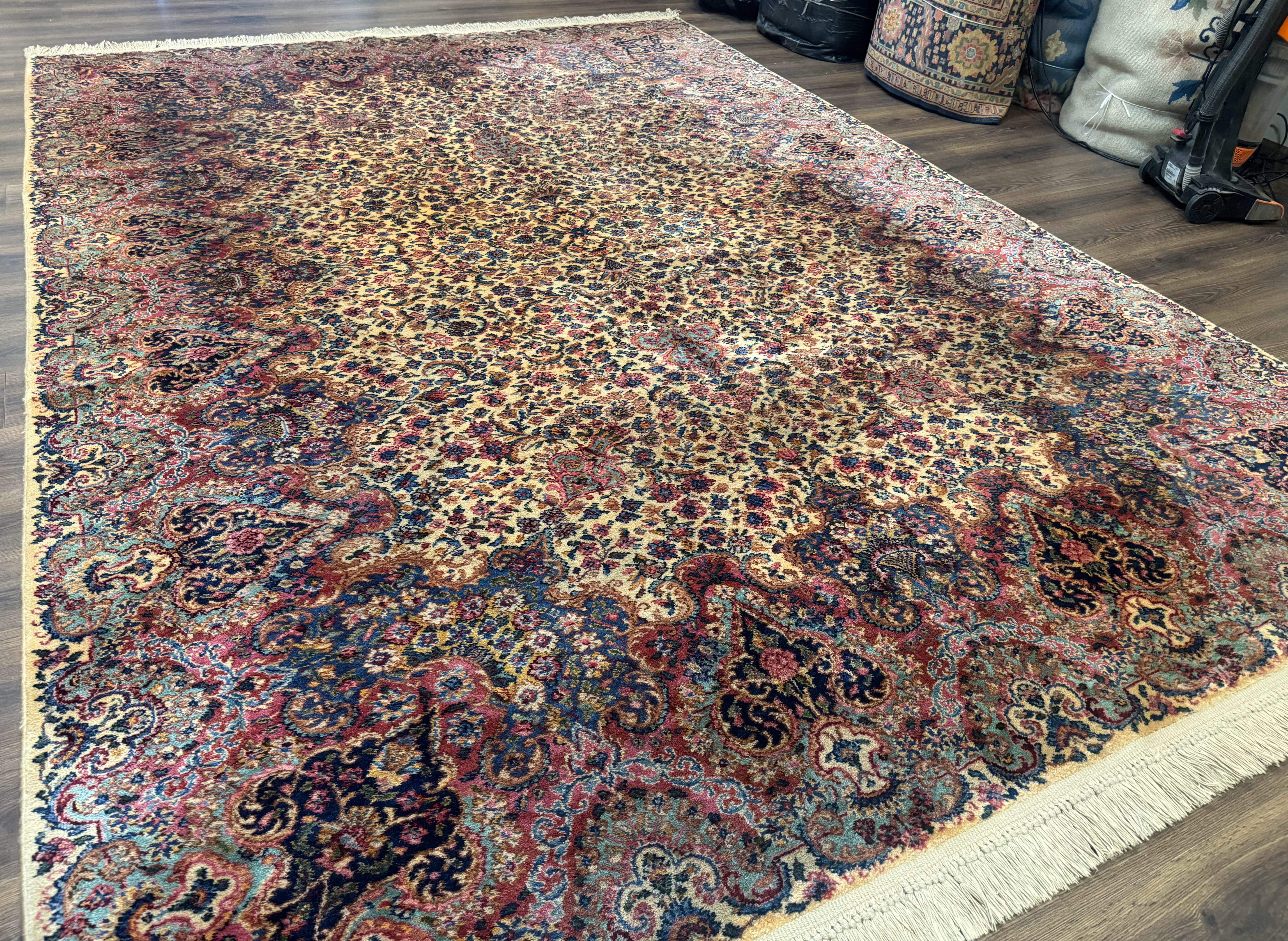 Karastan Ivory Floral Kirman Rug 8.8 x 12, Wool Vintage Discontinued - Jewel Rugs