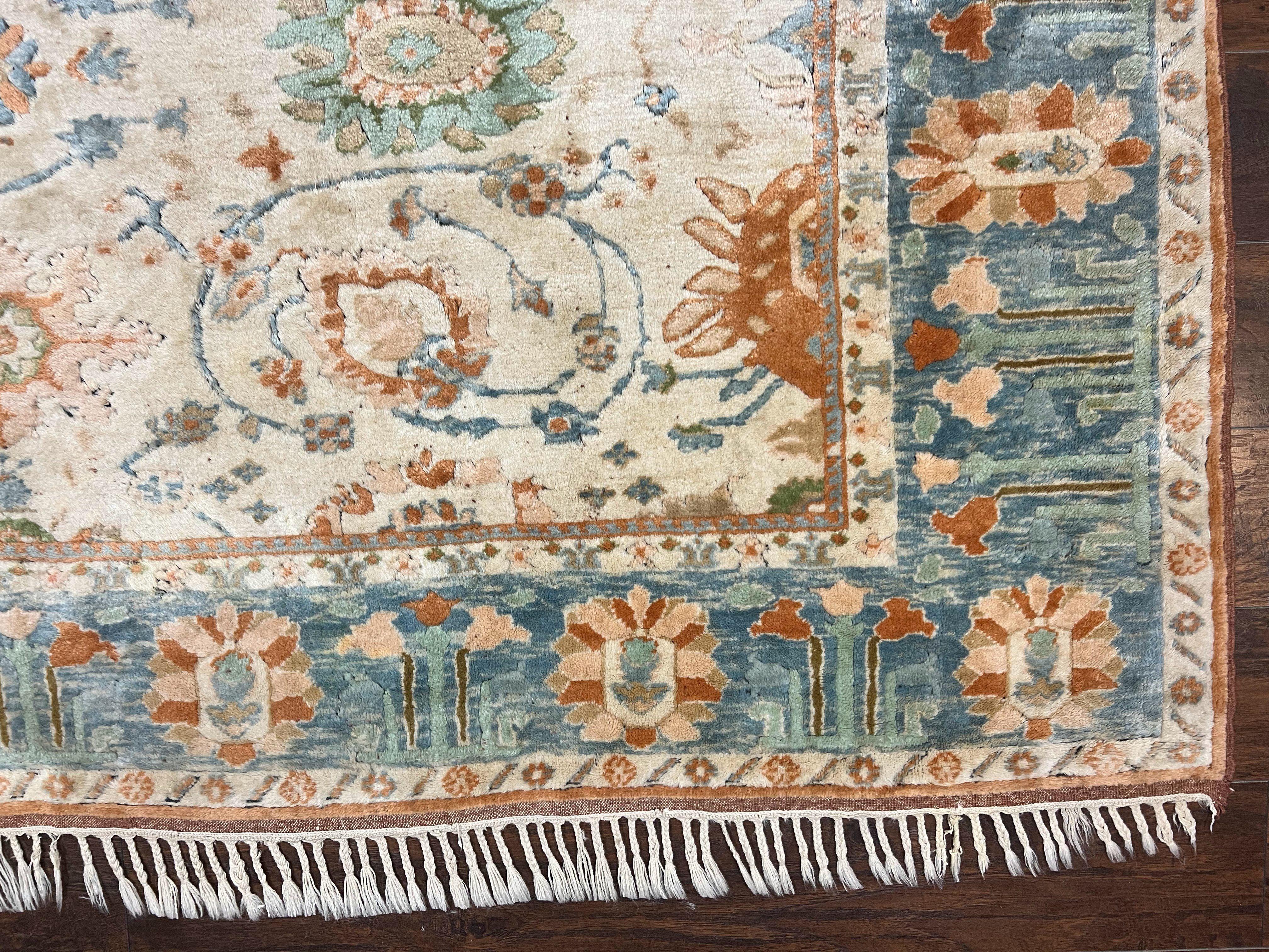 Turkish Oushak Rug 9x10, Neutral Colors, Wool Hand Knotted Vintage Handmade Oriental Carpet, Floral Allover, Farmhouse Rug, Beige Light Blue - Jewel Rugs
