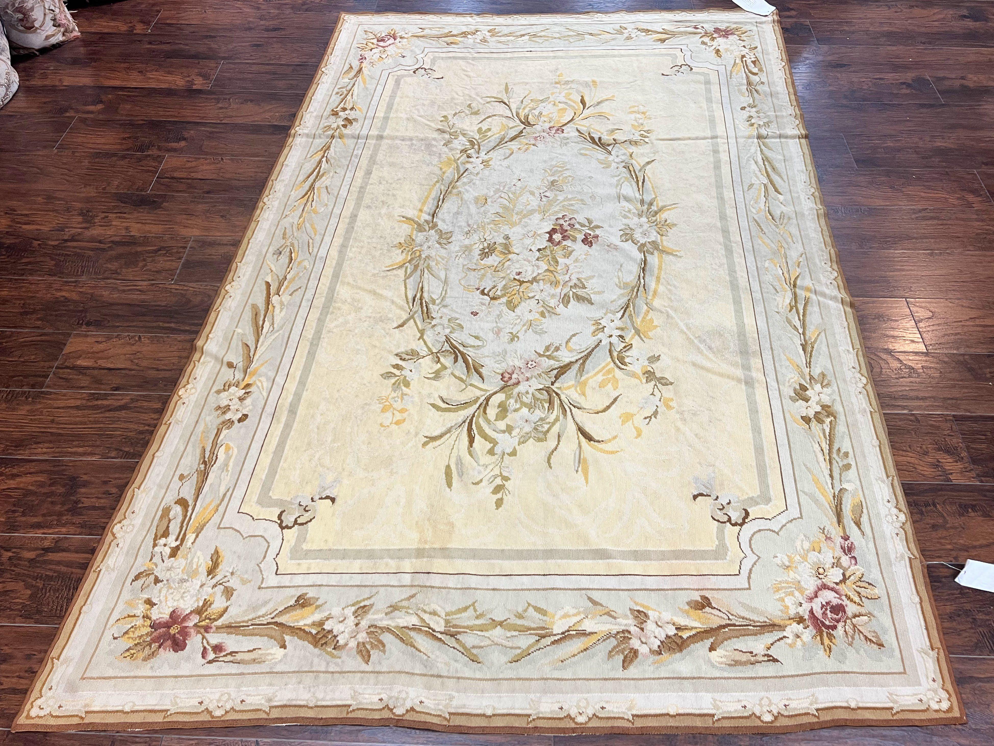 Needlepoint Rug 6x9, Elegant European Design Aubusson Carpet, Vintage Wool Handmade Rug, Light Yellow Ivory - Jewel Rugs