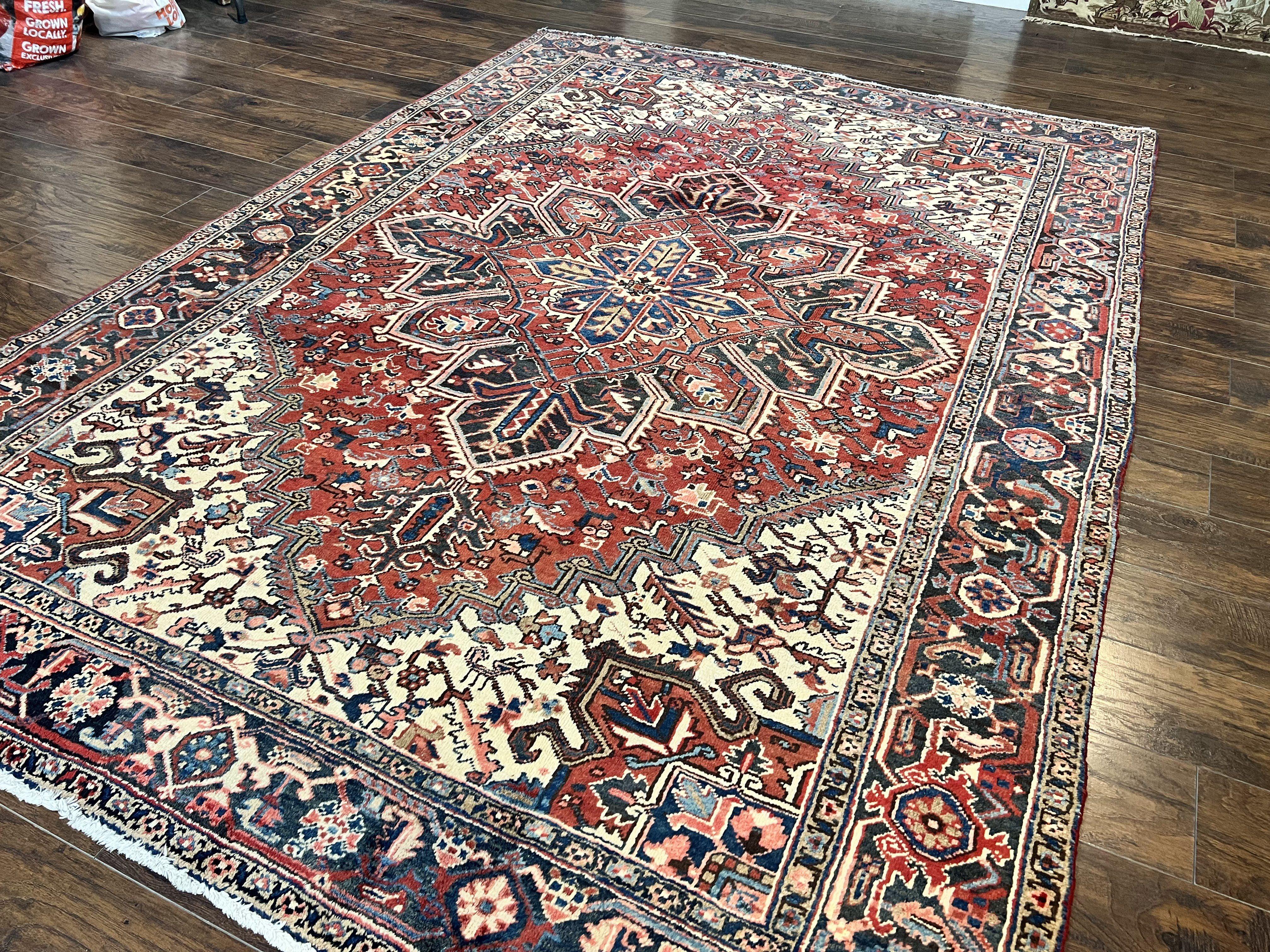Persian Heriz Rug 8x11, Wool Hand Knotted Antique Carpet, Red Navy Blue Ivory, Geometric Rug, 8 x 11 Room Sized Oriental Rug - Jewel Rugs