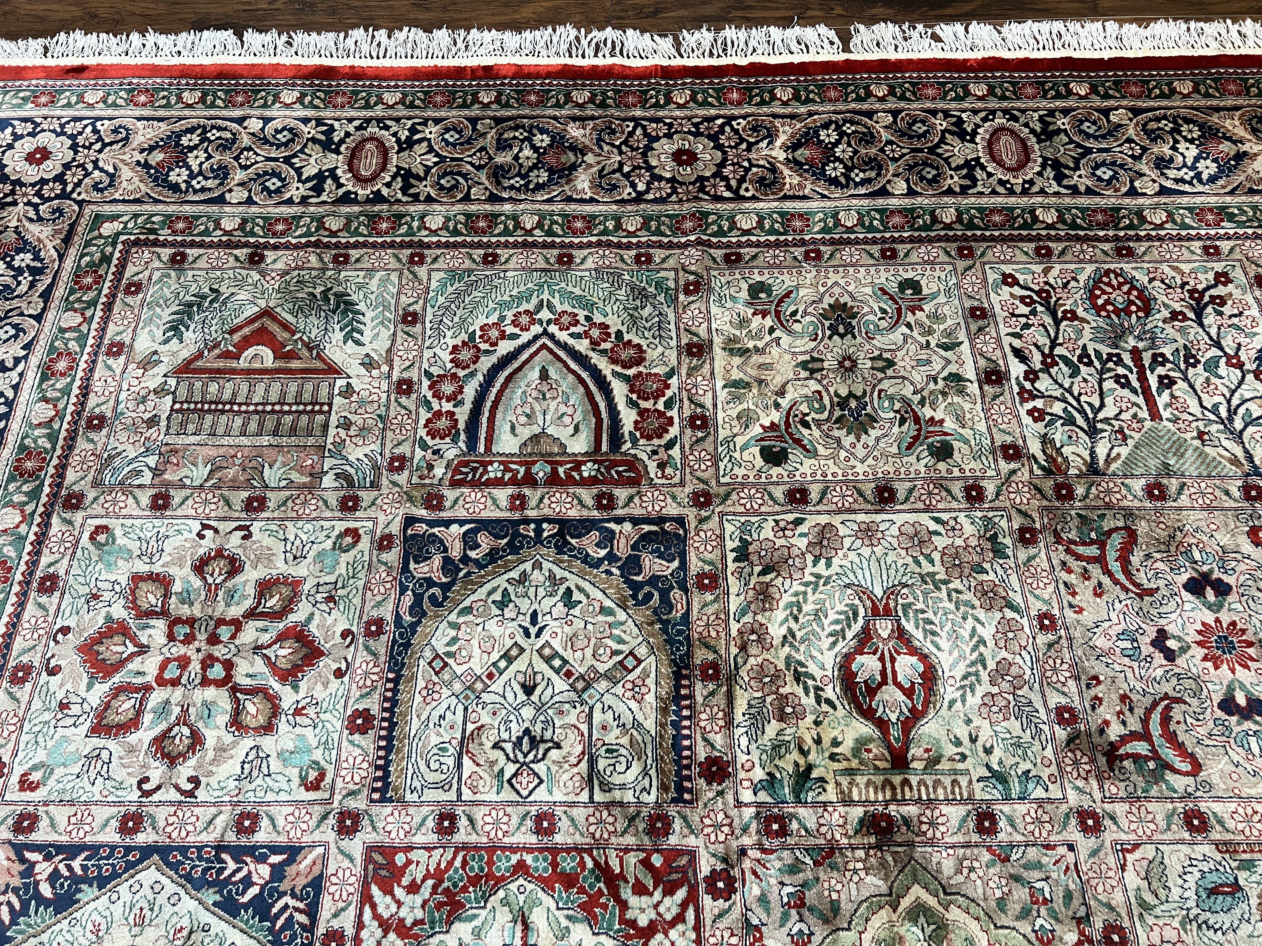 Silk Sino Persian Rug 9x12, Panel Design, Garden of Eden Pattern, Fine 200 KPSI, Hand Knotted Room Sized Silk Carpet, Vintage - Jewel Rugs