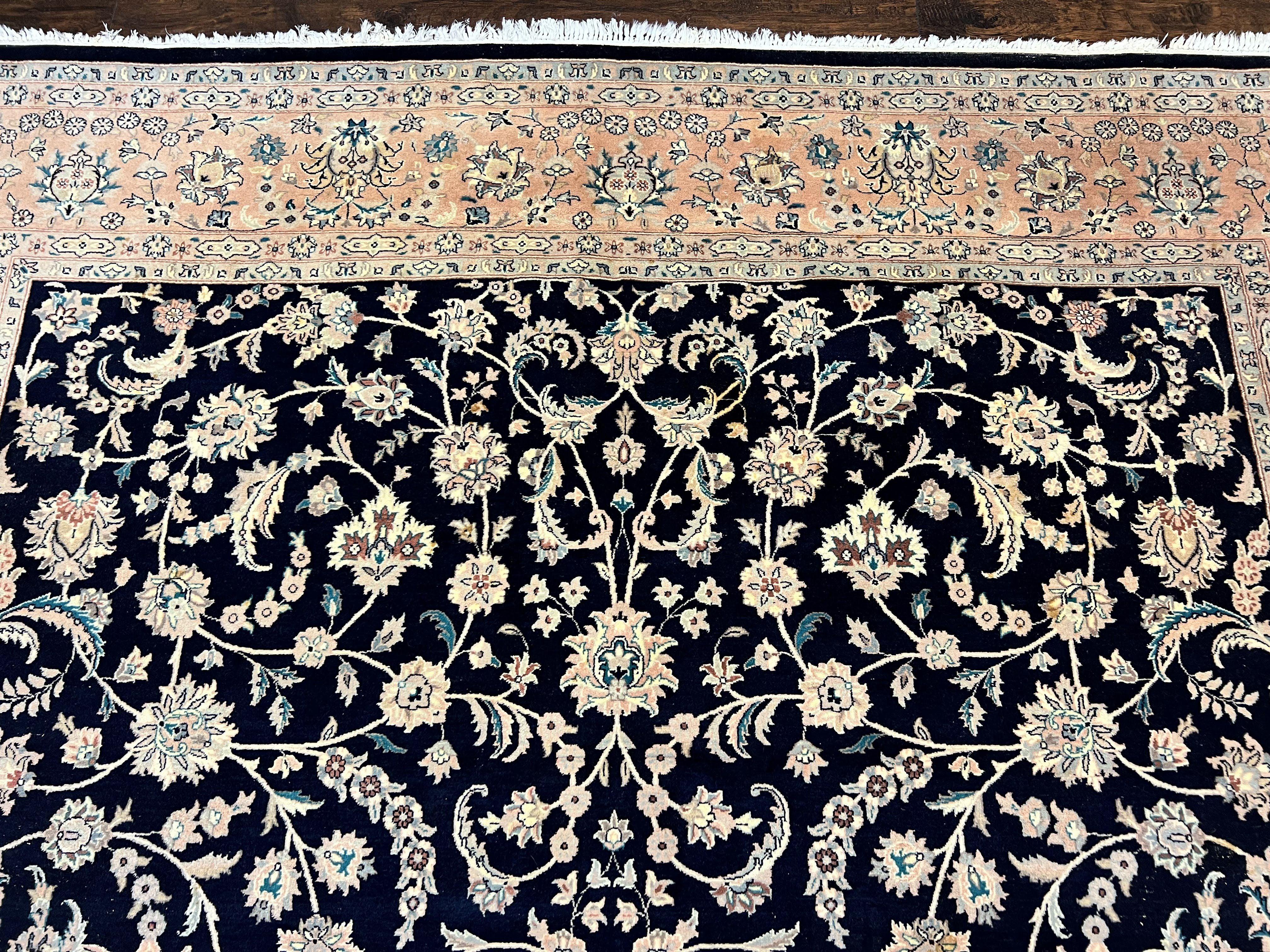 Pak Persian Rug 8x11, Fine Floral Allover Oriental Carpet 8 x 11 ft, Dark Blue and Pink, Room Sized Wool Vintage Rug, Hand Knotted Rug - Jewel Rugs
