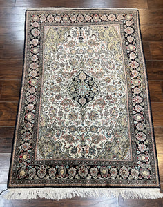 Silk Persian Qum Rug 3x5, Hand Knotted Vintage Carpet, Floral Medallion Oriental Rug, Ivory & Black, 360 KPSI Super Fine
