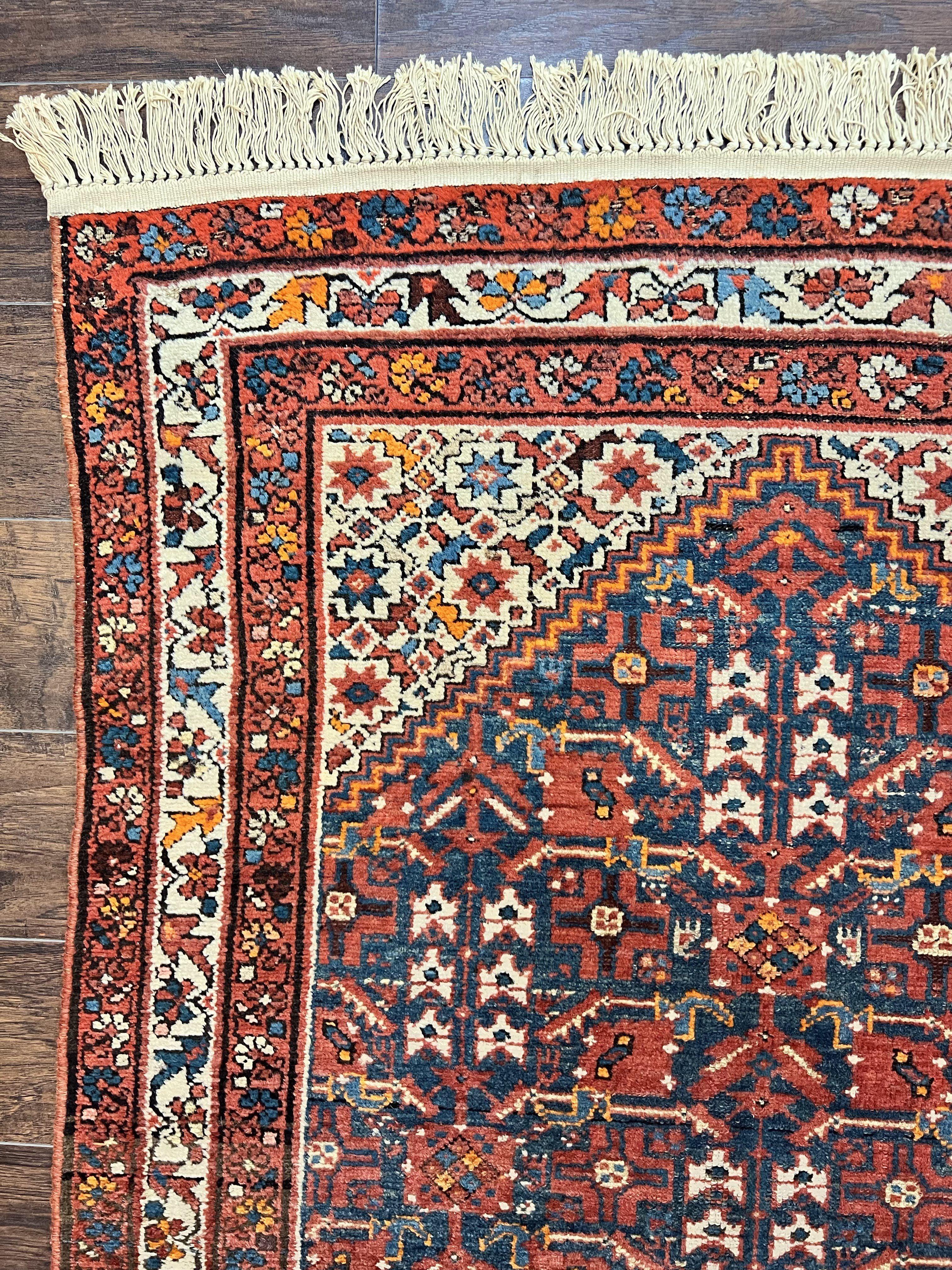 Persian Malayer Rug 4x7, Tribal Rug, Geometric, Antique Oriental Carpet, Red Blue Cream, Boho Rug, Hand Knotted Wool Rug - Jewel Rugs