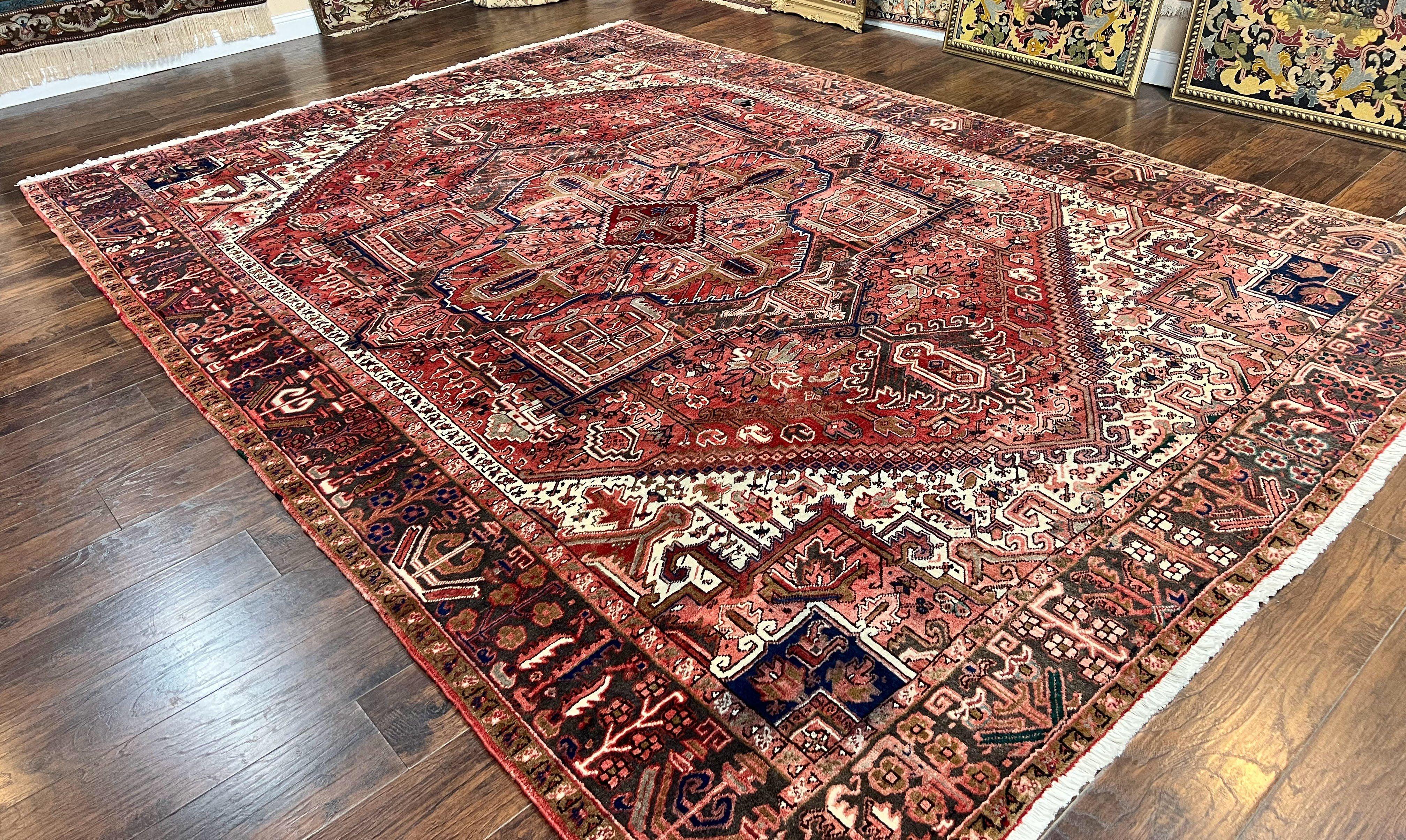 Persian Heriz Rug 10x13, Wool Hand Knotted Antique Carpet, Red Ivory, Geometric Rug 10 x 13 - Jewel Rugs