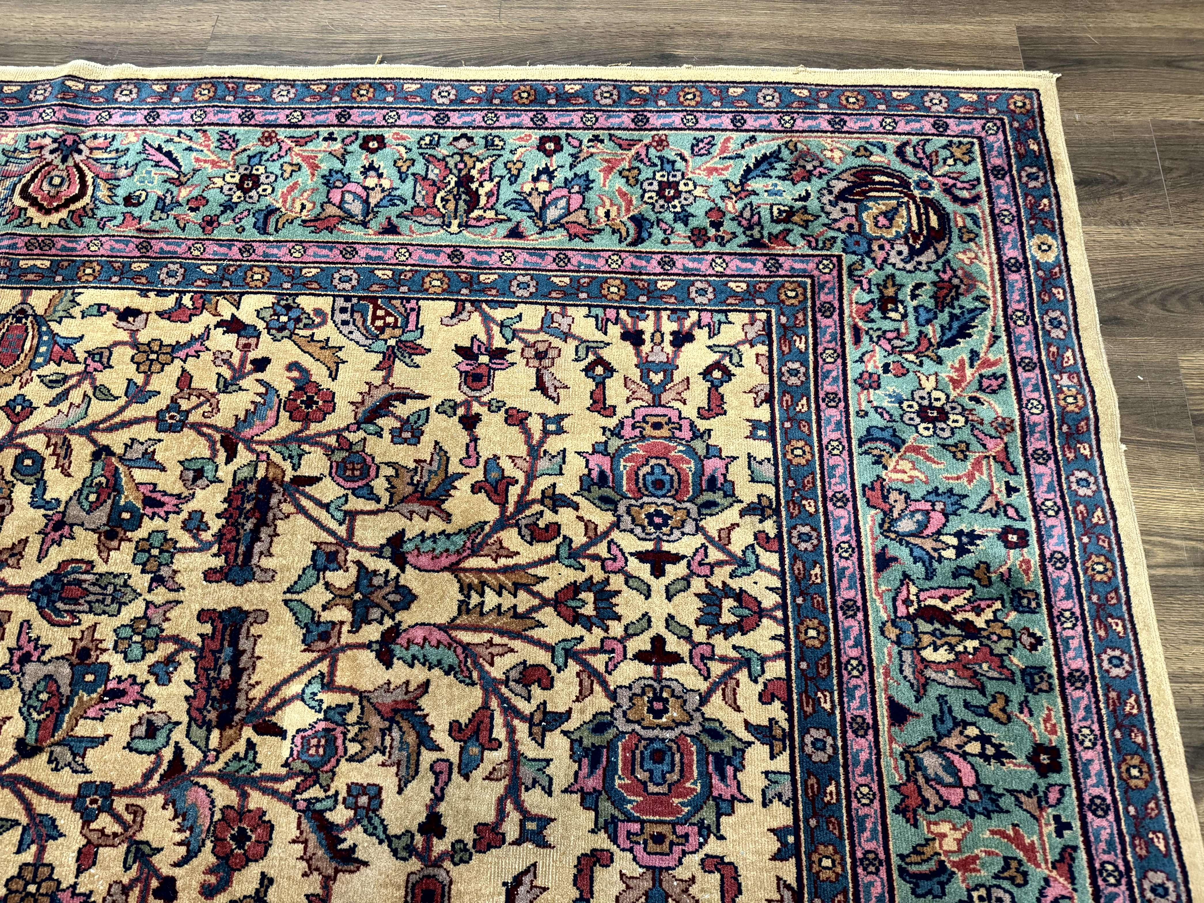Antique Persian Rug 10x15, Camel and Cyan, Allover Pattern, Rare, Samarkand Rug - Jewel Rugs