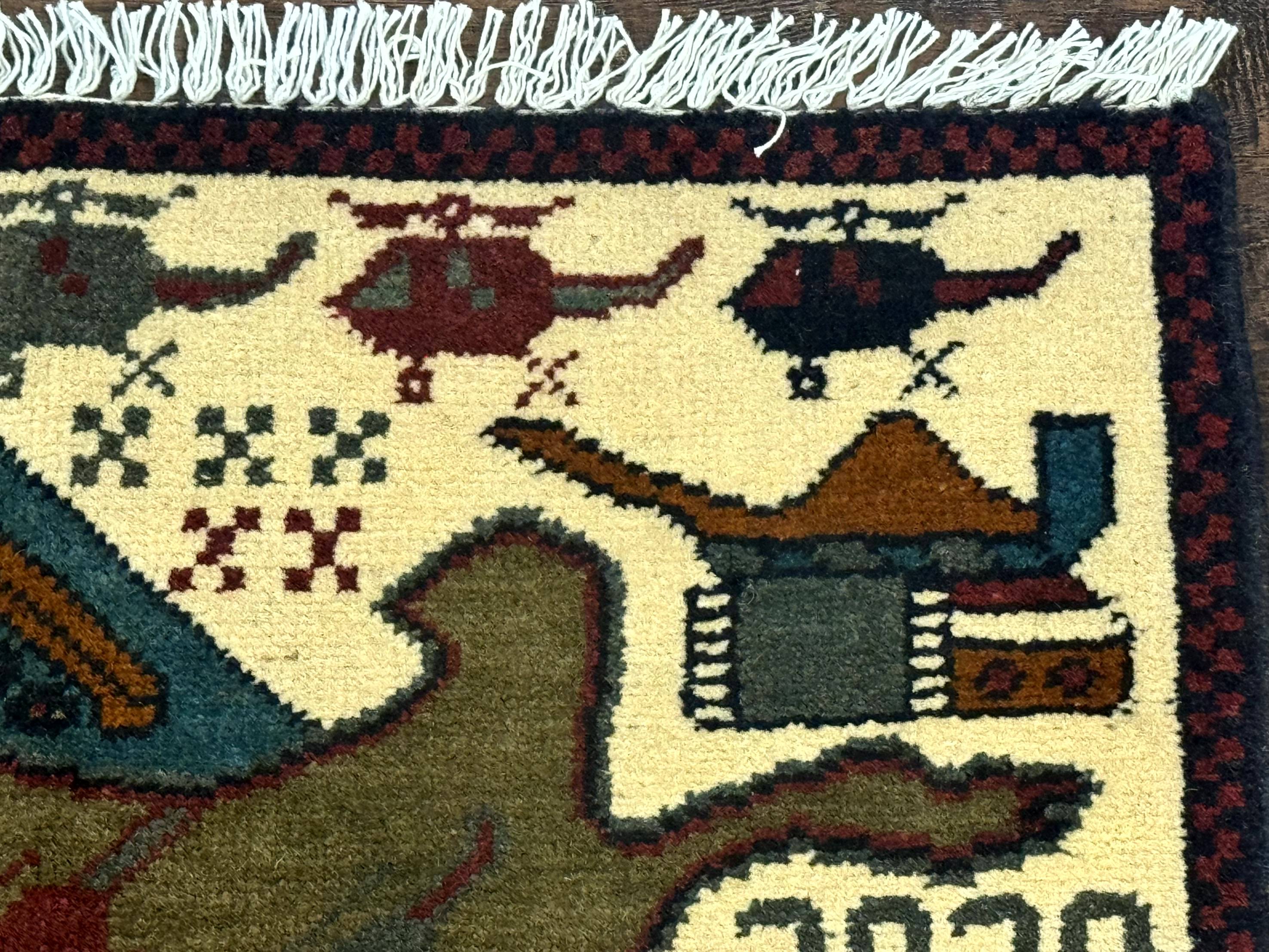 Afghan War Rug, Helicopters Tanks Guns, Handmade, Wool, 2x3 - Jewel Rugs