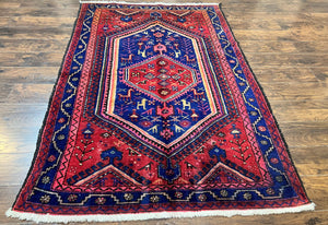 Persian Tribal Rug 5x7, Wool Handmade Vintage Hamadan Nahavand Carpet, Red & Navy Blue, Animal Motifs, Geometric Oriental Rug 5 x 7