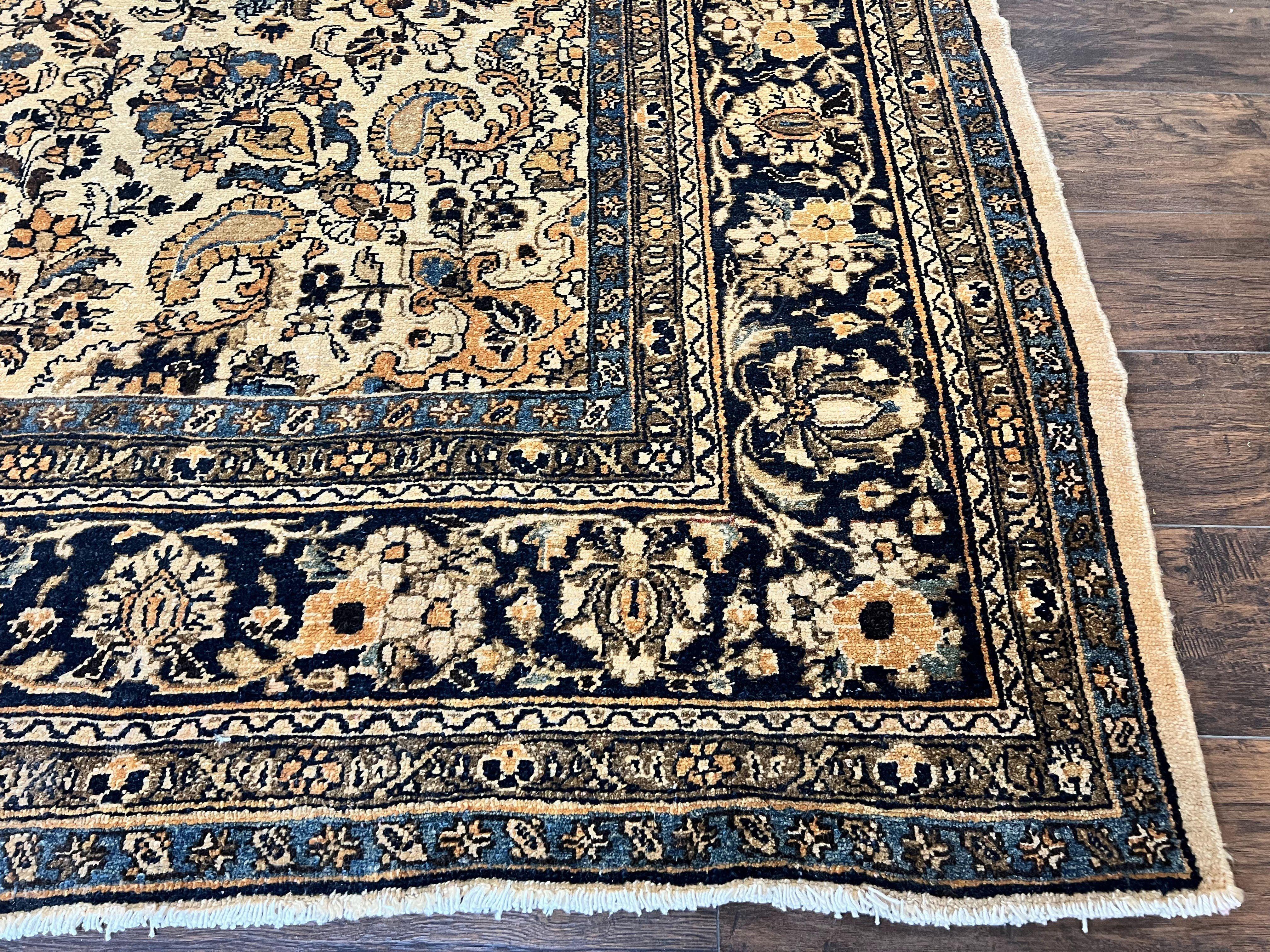Antique Persian Rug 9x11, Wool Handmade 1920s Oriental Carpet, Persian Hamadan Anjelas Rug, Cream Black, Floral Allover Oriental Rug 9 x 11 Room Sized Rug - Jewel Rugs