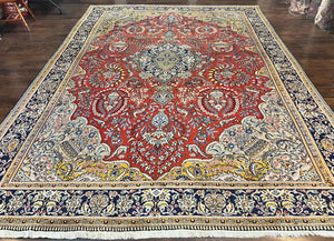 Wonderful Persian Qum Rug 10x14, Wool w/ Silk Highlights, Hand Knotted Semi Antique Vintage Carpet, Red, Floral, Fine Weave, Birds Deer Pictorials