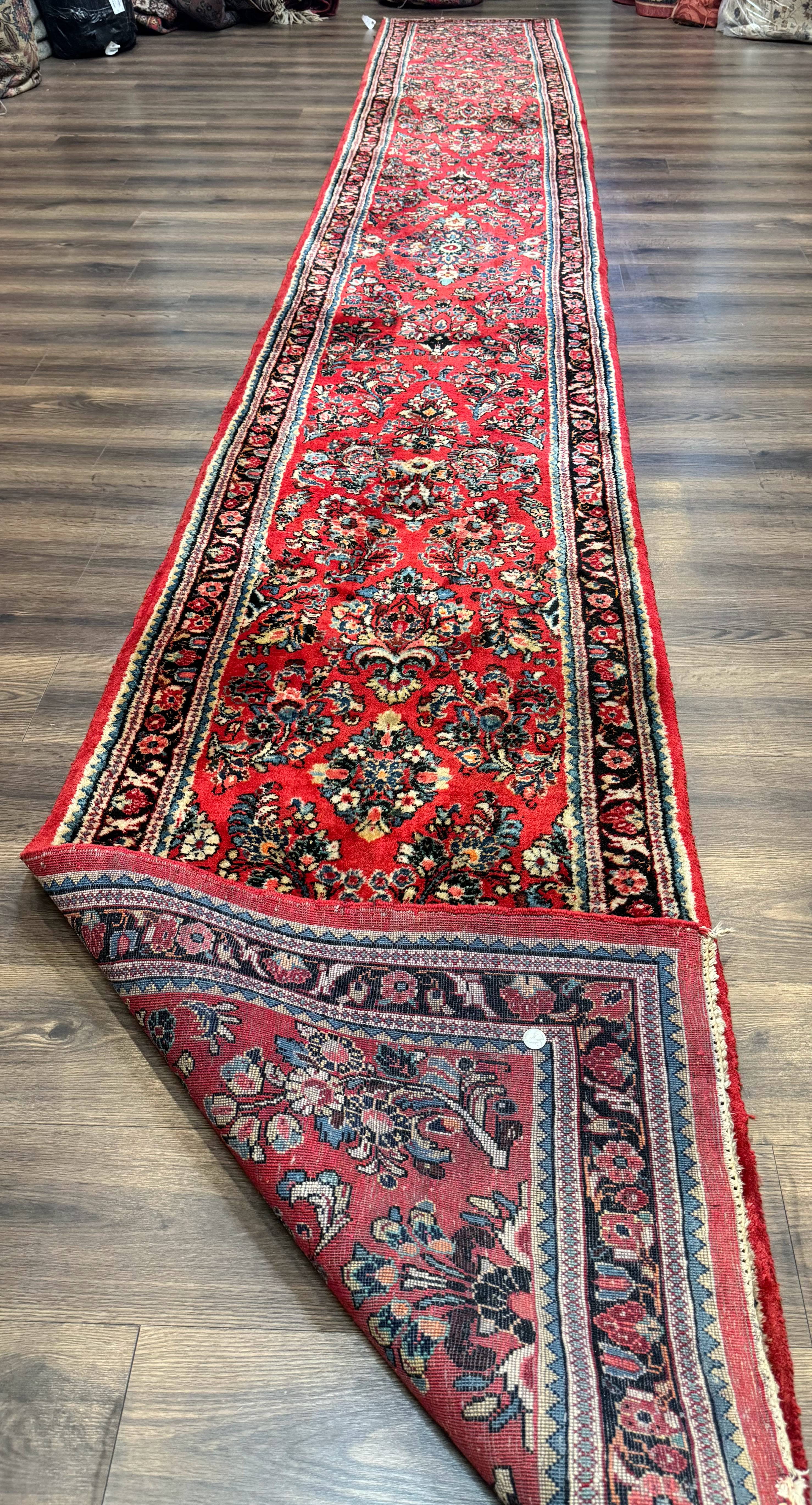 Long Persian Sarouk Runner Rug 2.9 x 21, Rare Size for Long Hallway, Wool, Vintage, Floral, Red - Jewel Rugs