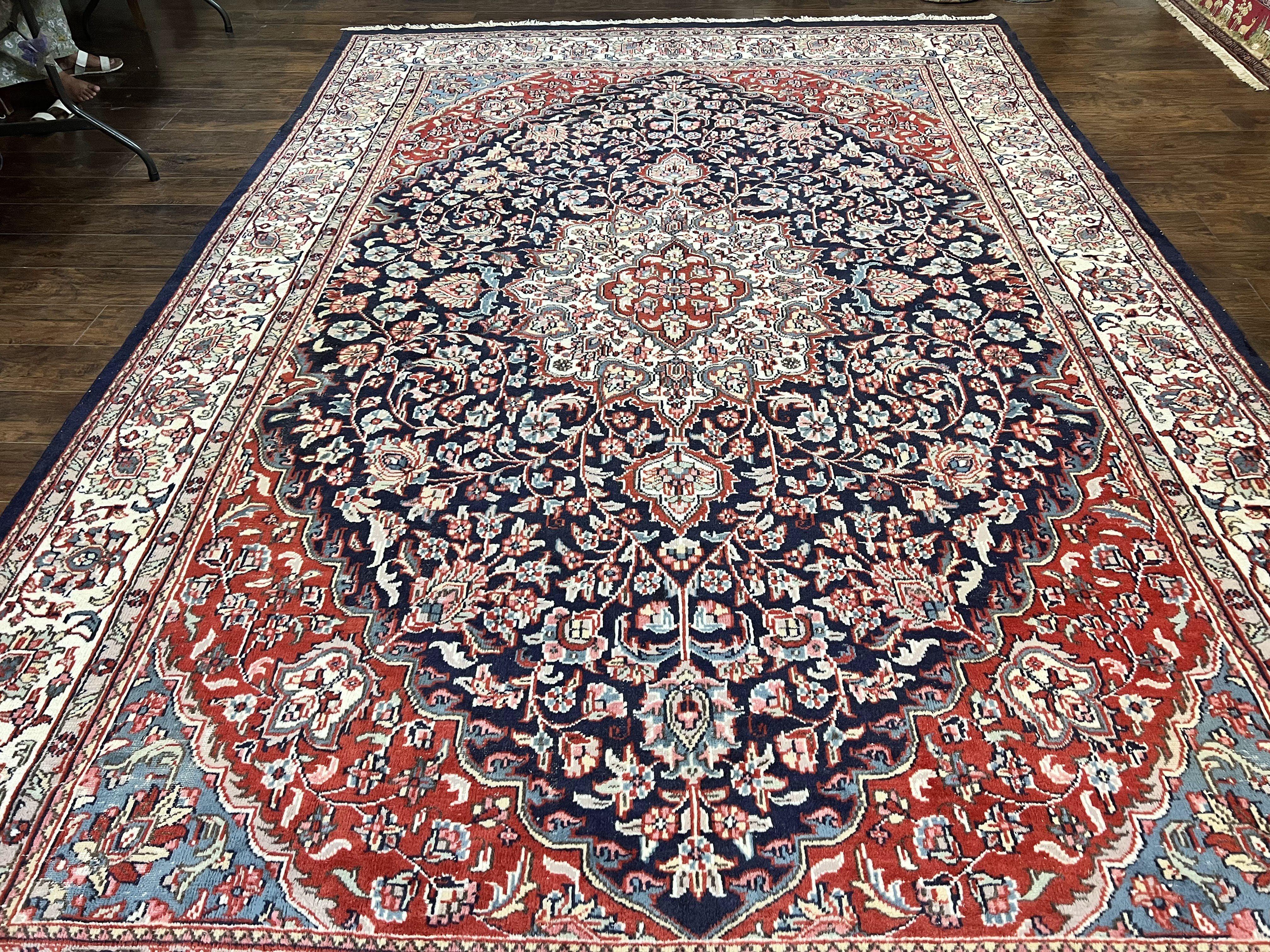 Indo Persian Rug 10x15, Floral Allover, Handmade Vintage Wool Carpet, Dark Blue Ivory Red, Palace Size Traditional Rug - Jewel Rugs