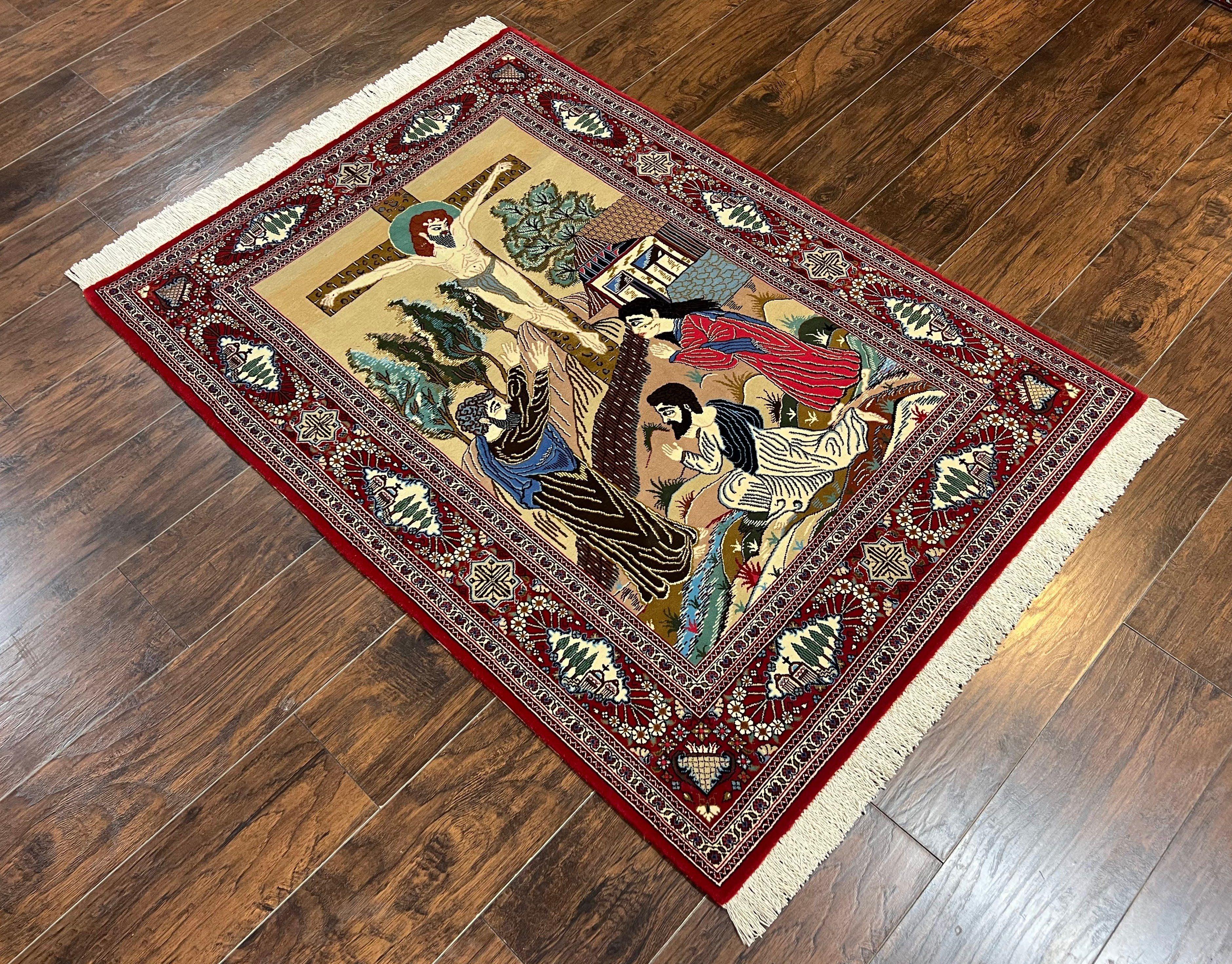 Persian Kashan Pictorial Rug 3x5 - Jesus on Cross - Jewel Rugs