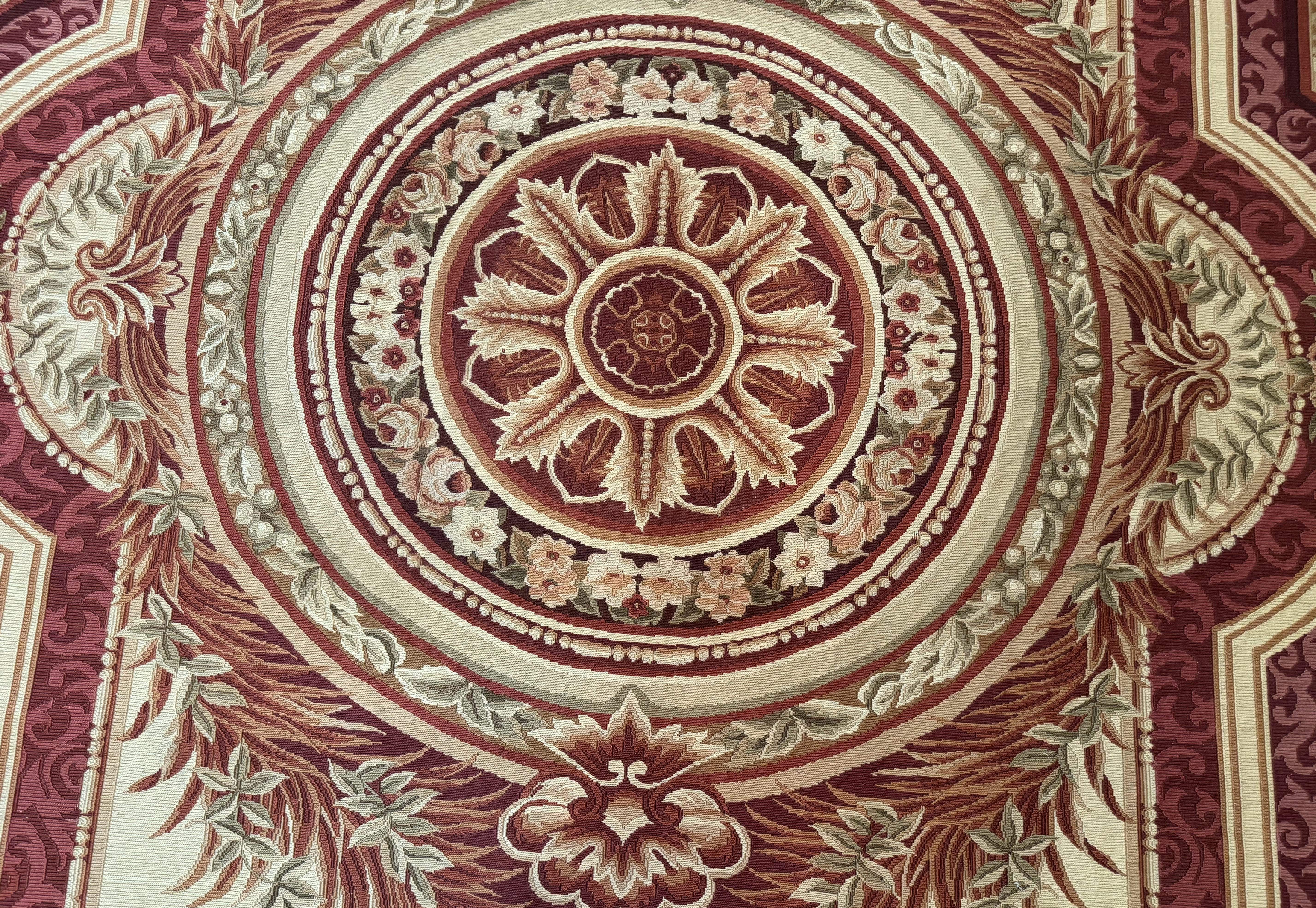 Large Aubusson Rug 10x13, Thick Flatweave Carpet, Elegant European Design, Cream and Raspberry - Jewel Rugs