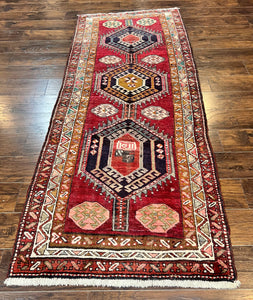 Persian Heriz Runner Rug 3.8 x 8.6, Geometric Design, Large Triple Medallions, Hand Knotted Handmade Vintage Wool Hallway Rug, Red