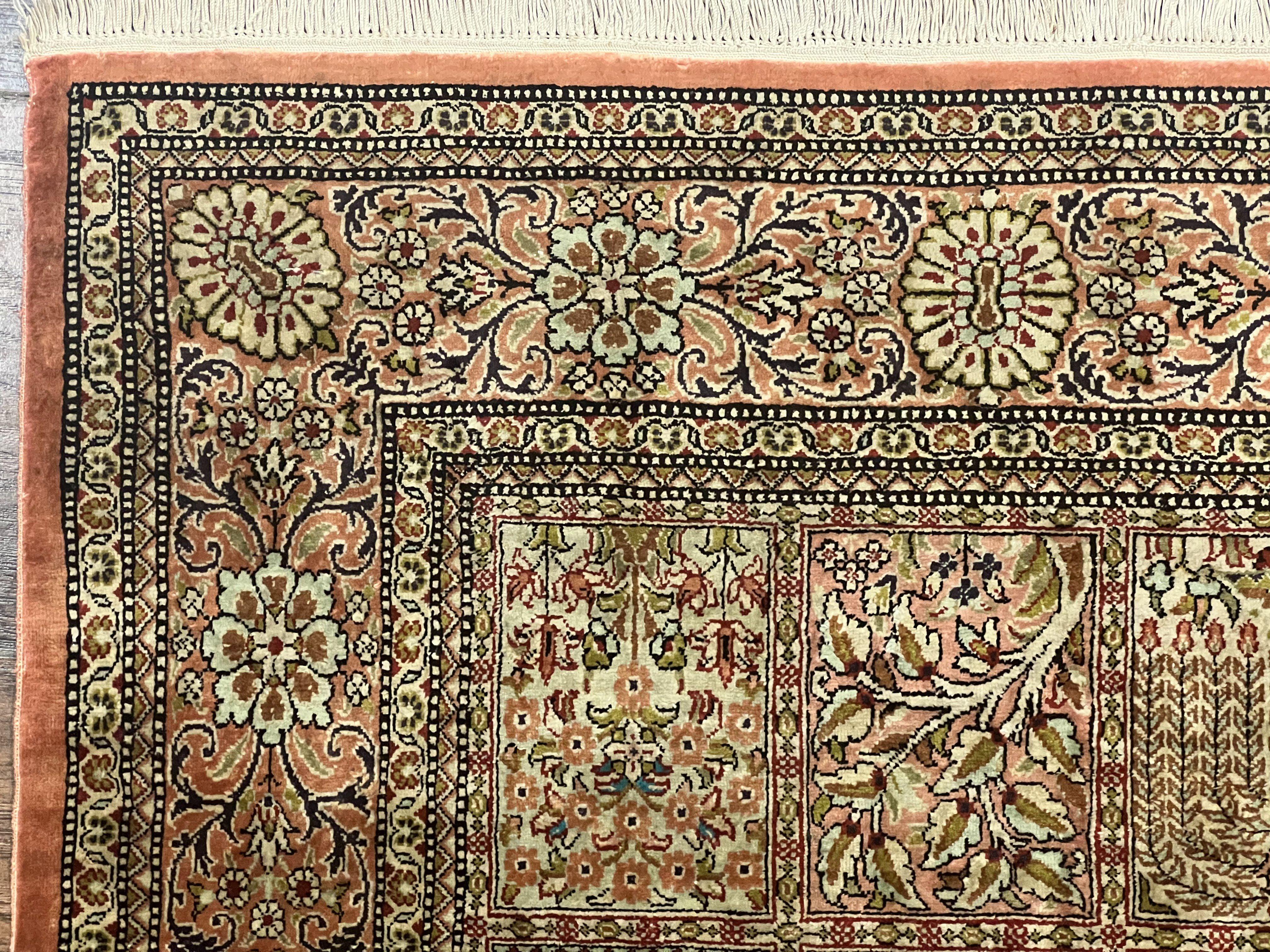 Magnificent Persian Silk Rug 3.7 x 5, Persian Qum Rug, Panel Design, Kheshti Garden, Extremely Fine 650 KPSI - 70 Raj, Hand Knotted, Vintage, Multicolor - Jewel Rugs