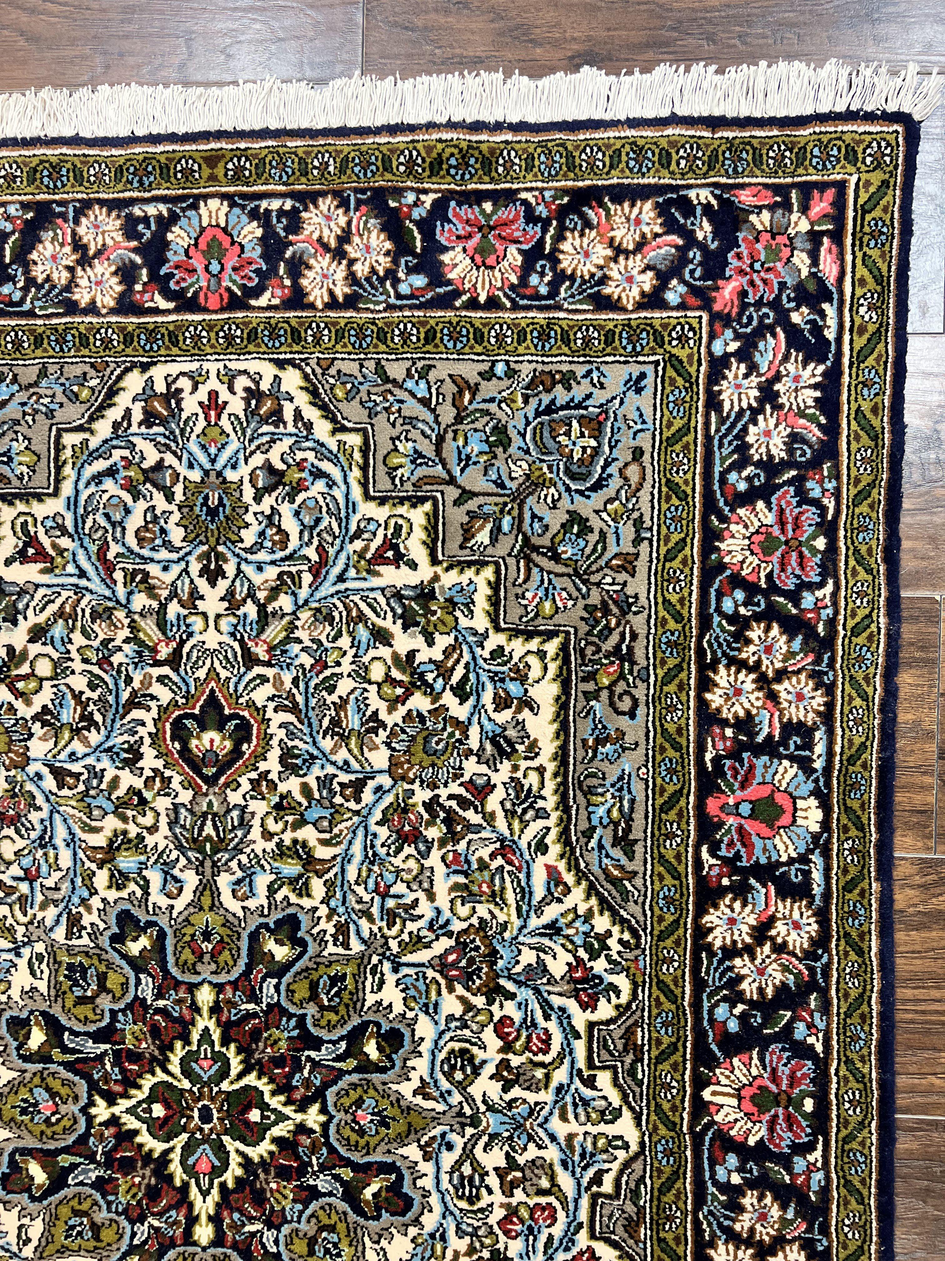 Persian Qum Rug 3x5, Wool with Silk Highlights, Handmade Semi Antique Carpet, Ivory & Navy Blue, Floral Medallion, Finely Hand Knotted - Jewel Rugs