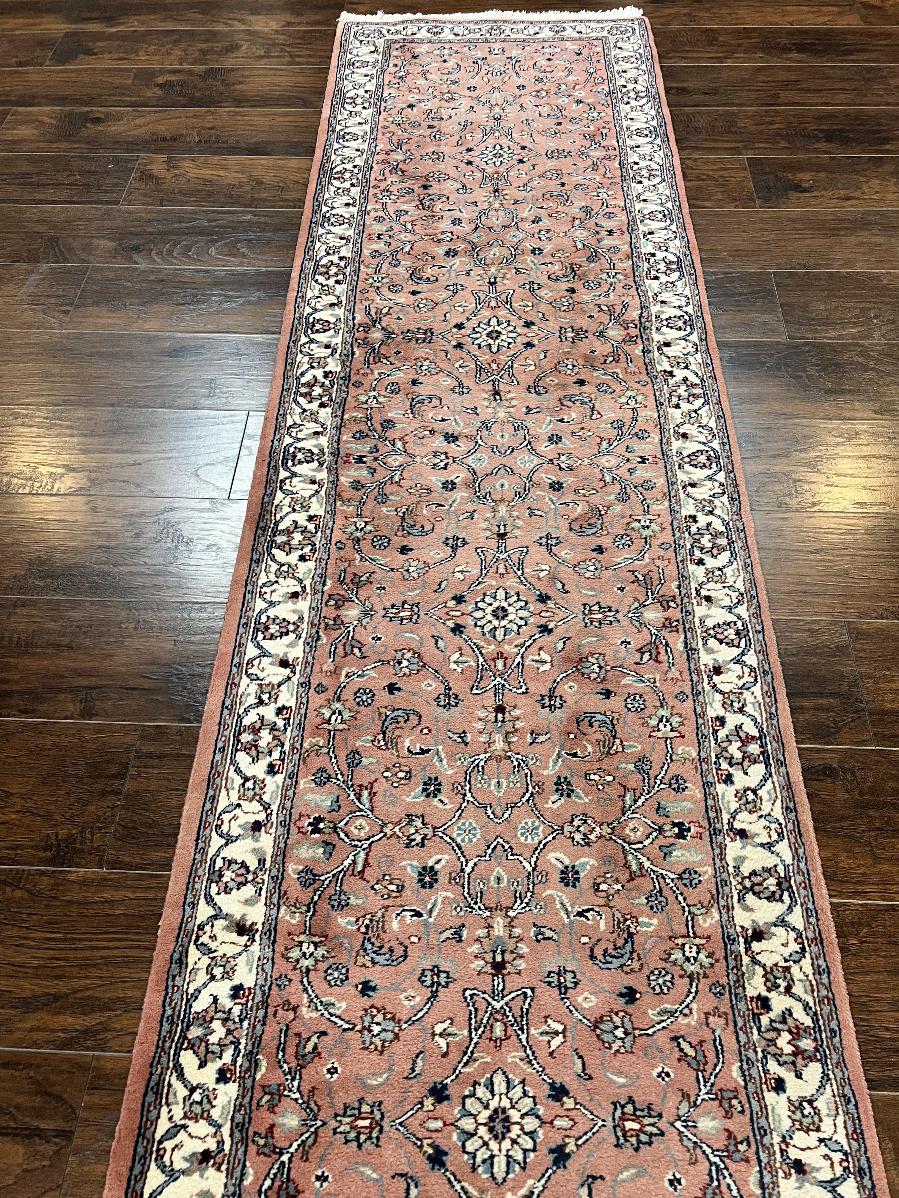 Indo Persian Runner Rug 2.6 x 10, Wool Hand Knotted Vintage Oriental Carpet, Pink & Ivory, Floral Allover, Hallway Rug - Jewel Rugs
