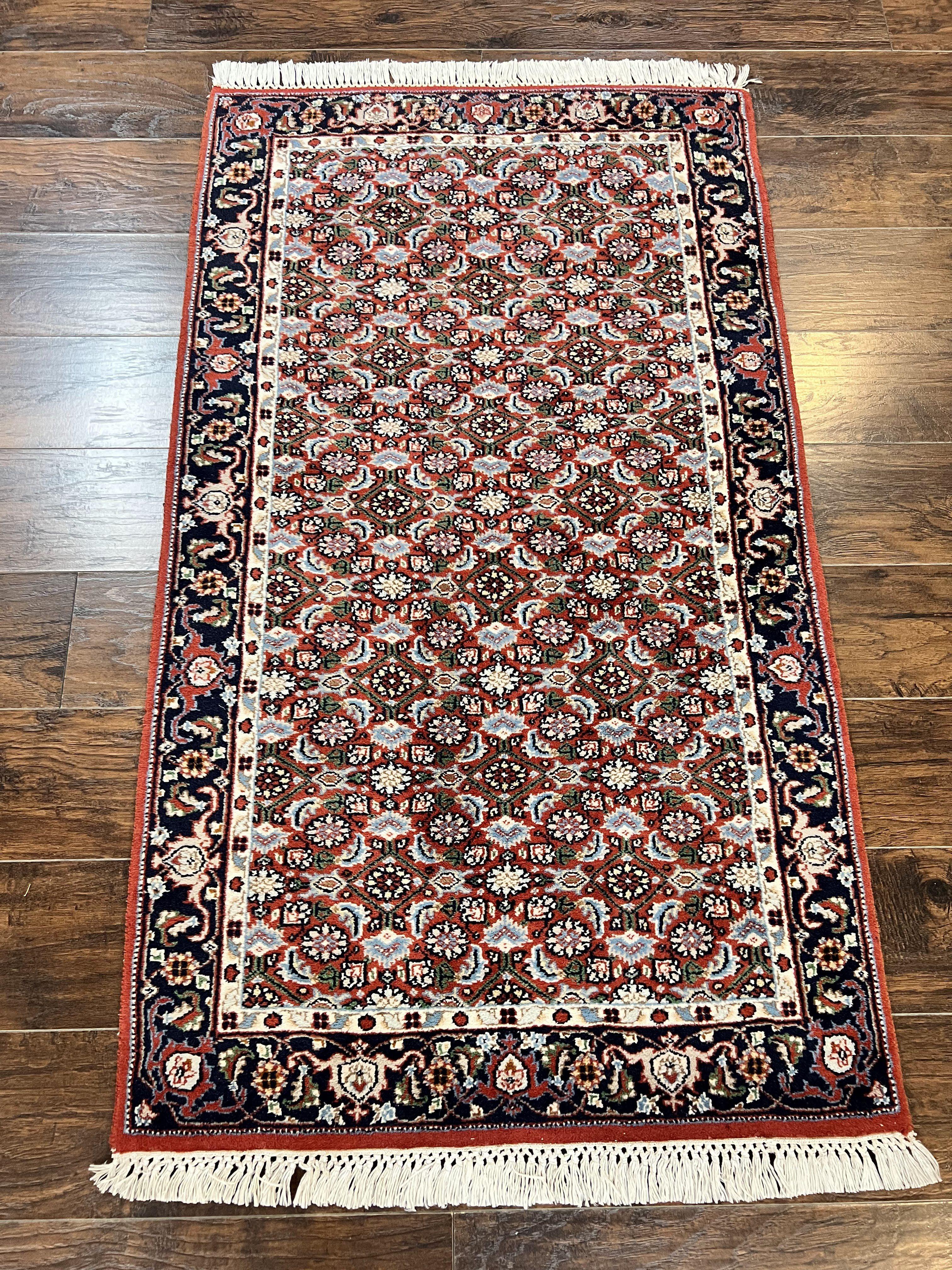 Indo Persian Rug 3x5, Red and Navy Blue, Wool Vintage Handmade Small Carpet 3 x 5 ft, Herati Pattern, Bidjar Rug - Jewel Rugs