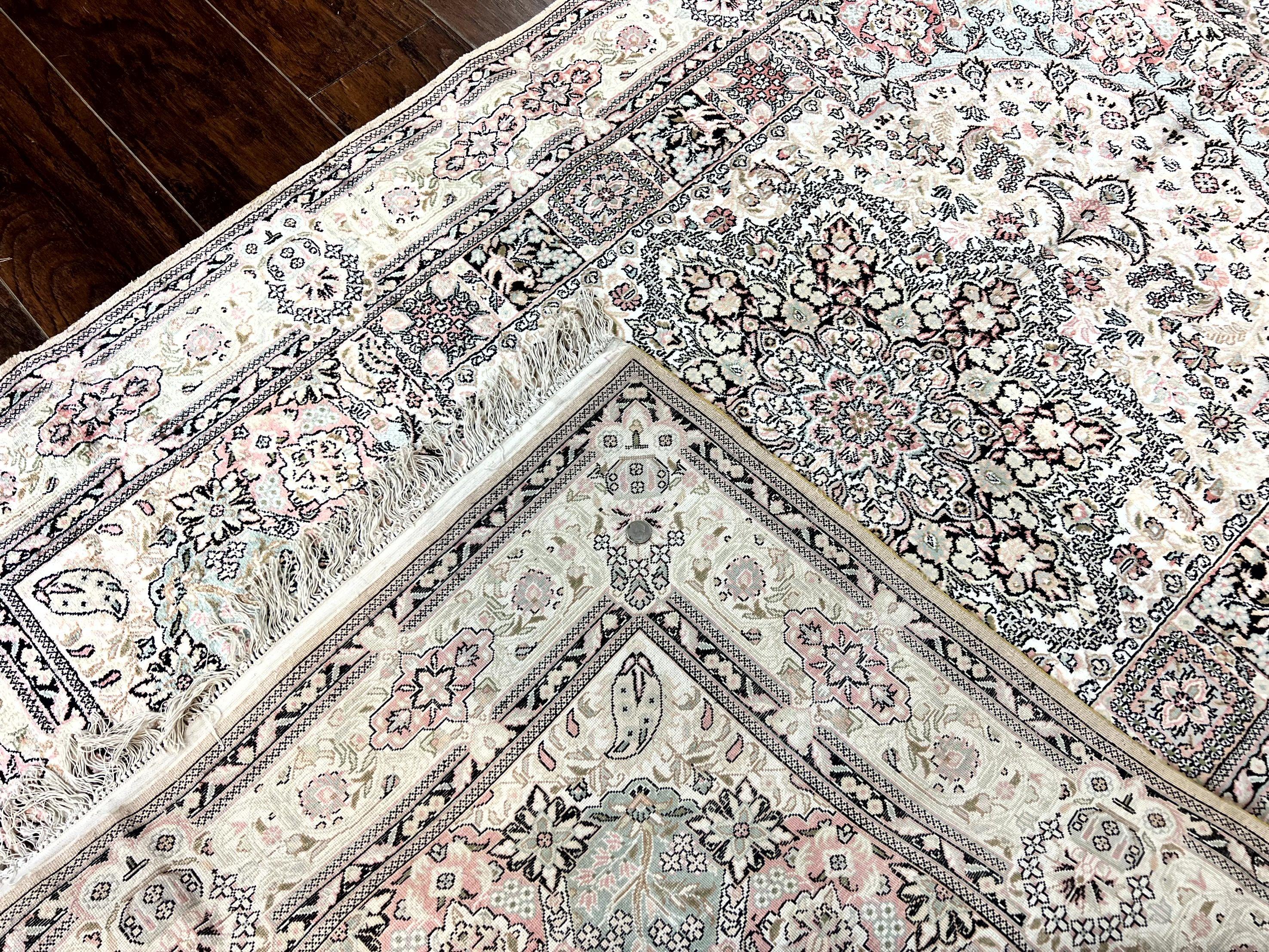 Silk Indian Kashmiri Rug 4x6, Handmade Vintage Silk Carpet, Ivory and Multicolor, Detailed Fine 240 KPSI - Jewel Rugs