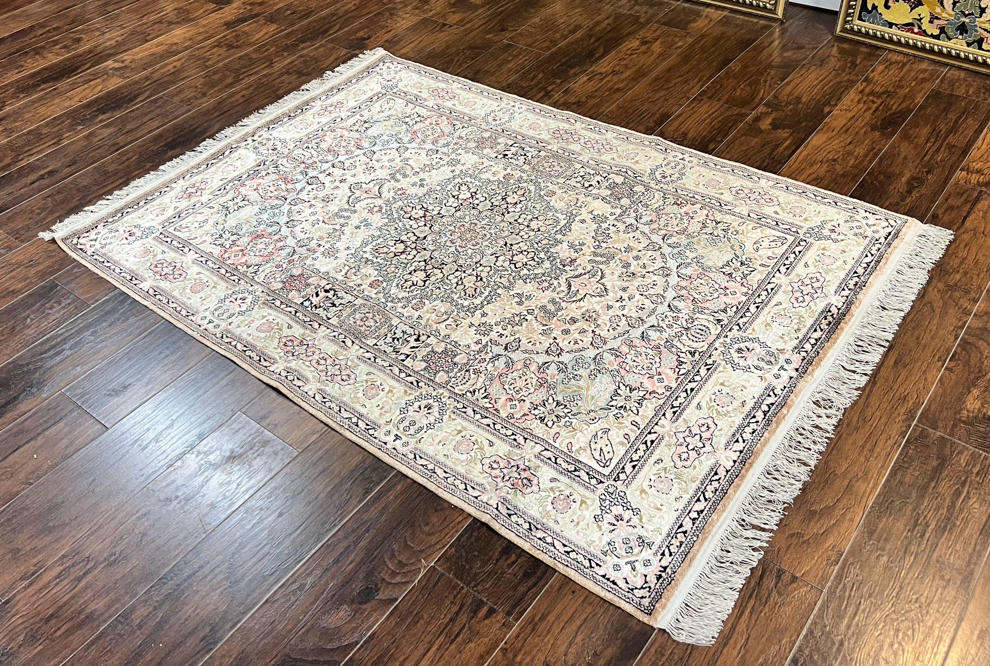 Silk Indian Kashmiri Rug 4x6, Handmade Vintage Silk Carpet, Ivory and Multicolor, Detailed Fine 240 KPSI - Jewel Rugs