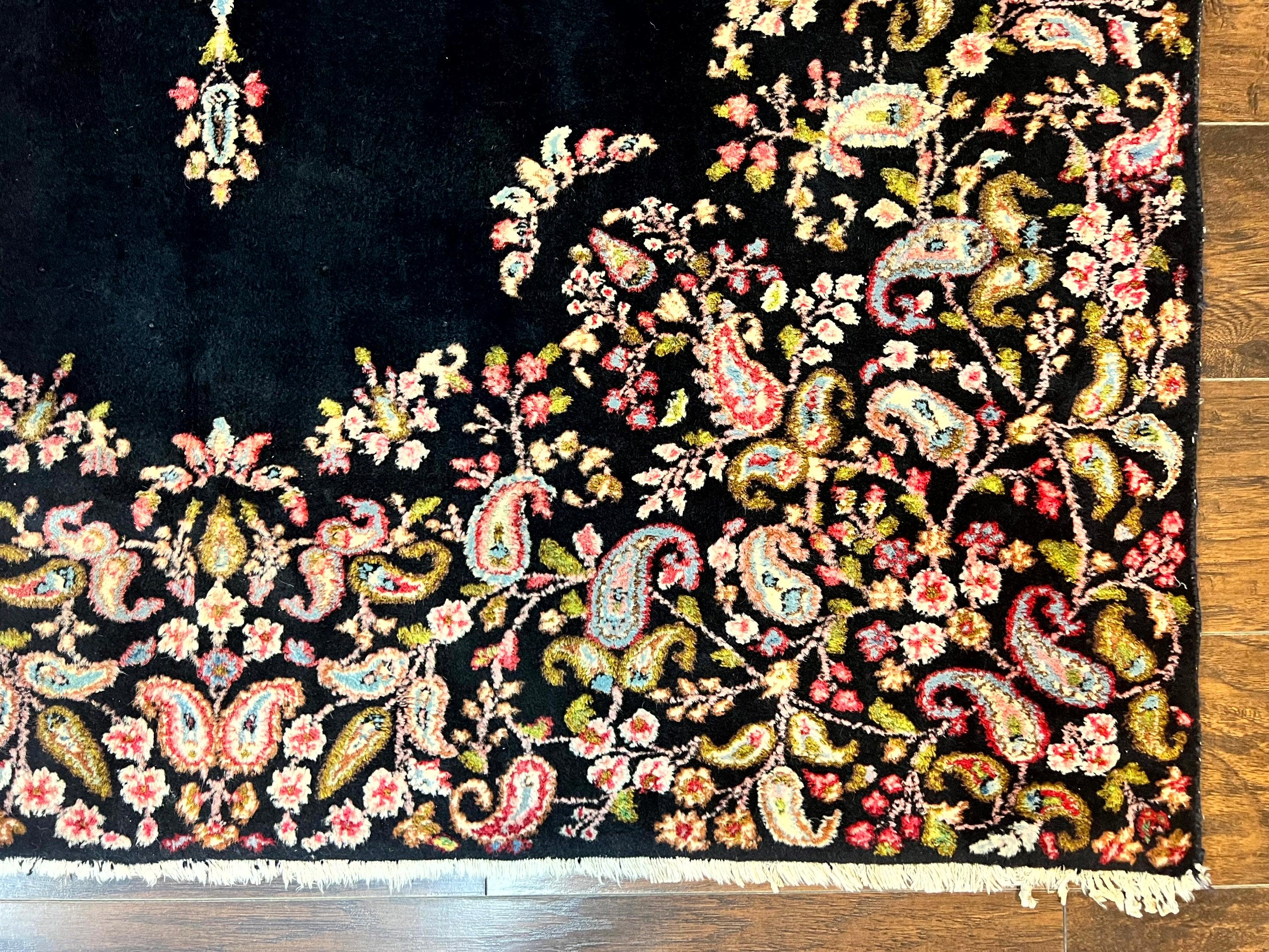 Antique Persian Kirman Rug 5x8, Floral Kirman, Midnight Blue/Black, Semi Open Field, Handmade Vintage Wool Carpet - Jewel Rugs