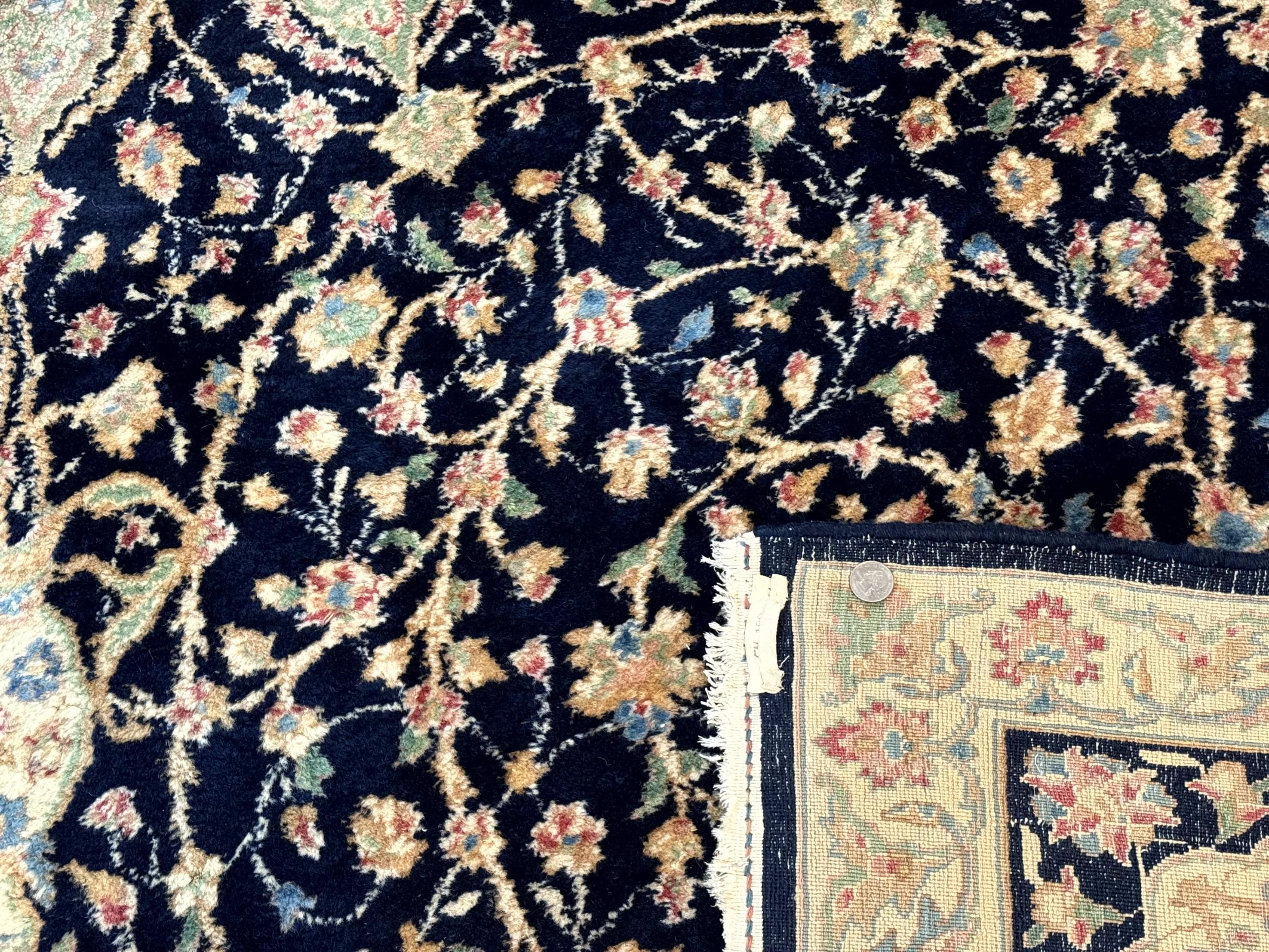 Large Persian Kerman Rug 10x14, Navy Blue and Beige, Floral Medallion, Traditional Elegant Persian Carpet, Signed by Masterweaver - Jewel Rugs