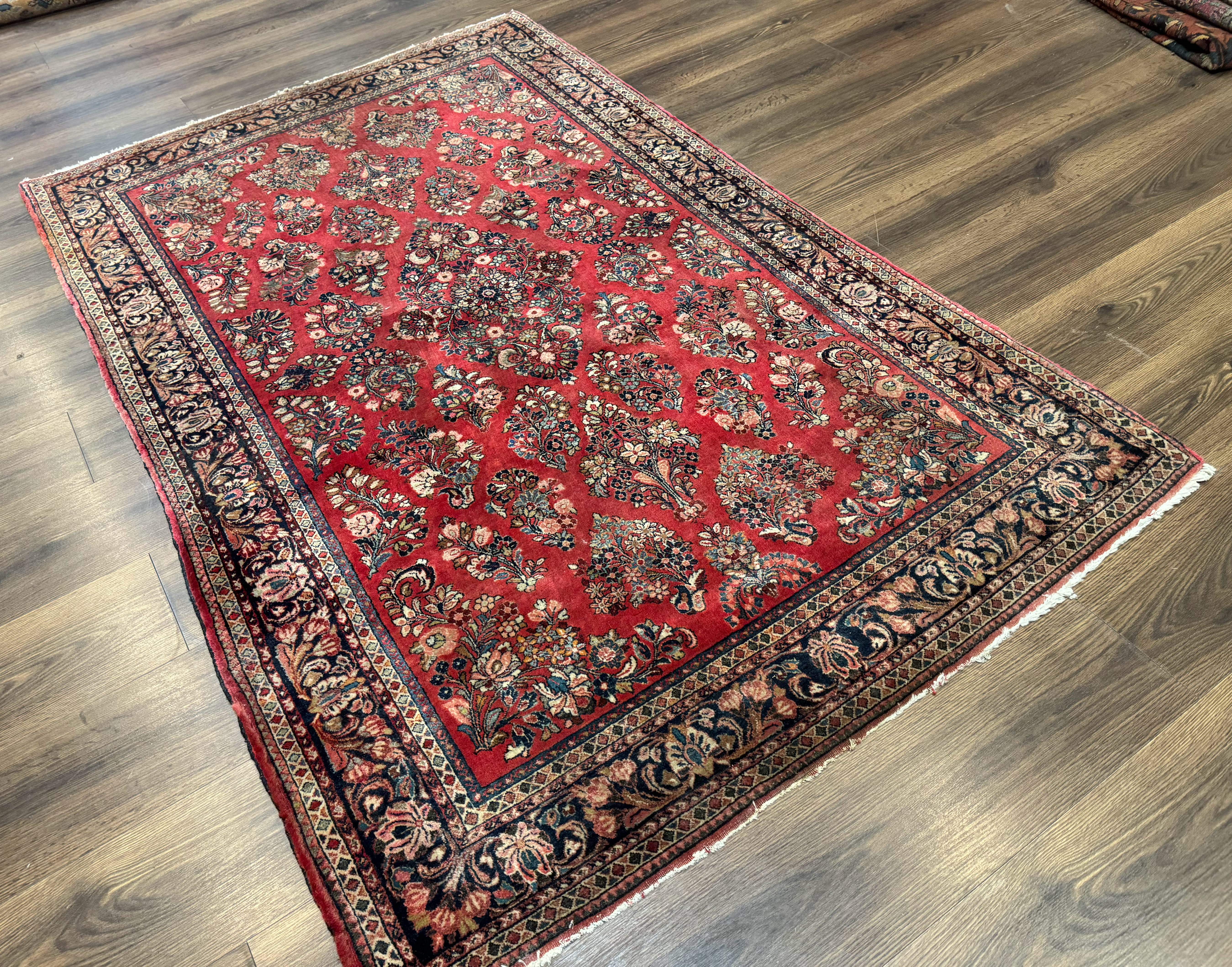 Sarouk Rug 4x6 – Red and Navy, Hand-Knotted Wool, Vintage Persian Carpet - Jewel Rugs