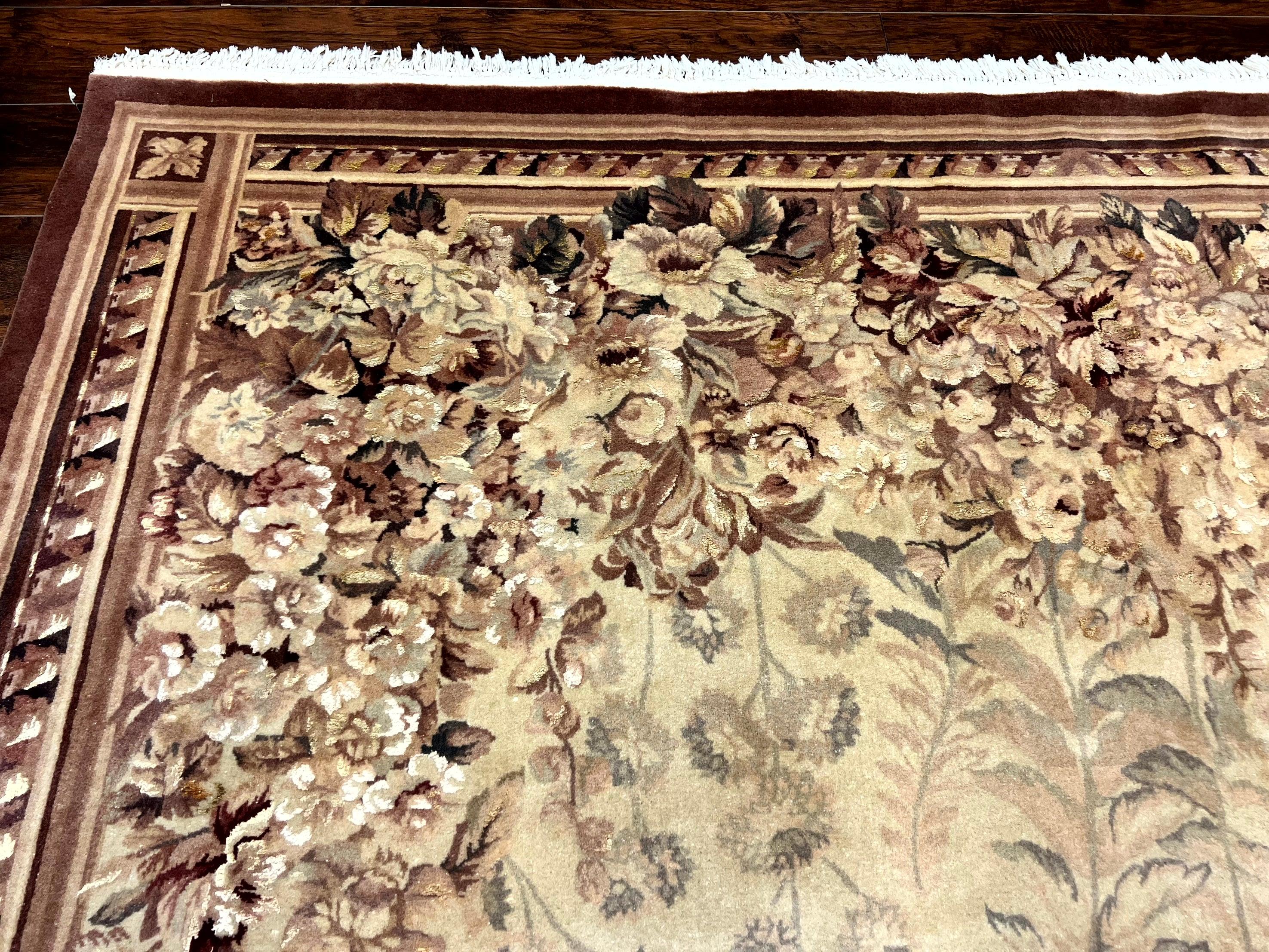 Aubusson Wool Rug 9x11, Wool with Silk Highlights, European Design, Vintage, Handmade, Floral, Fine 210 KPSI - Jewel Rugs