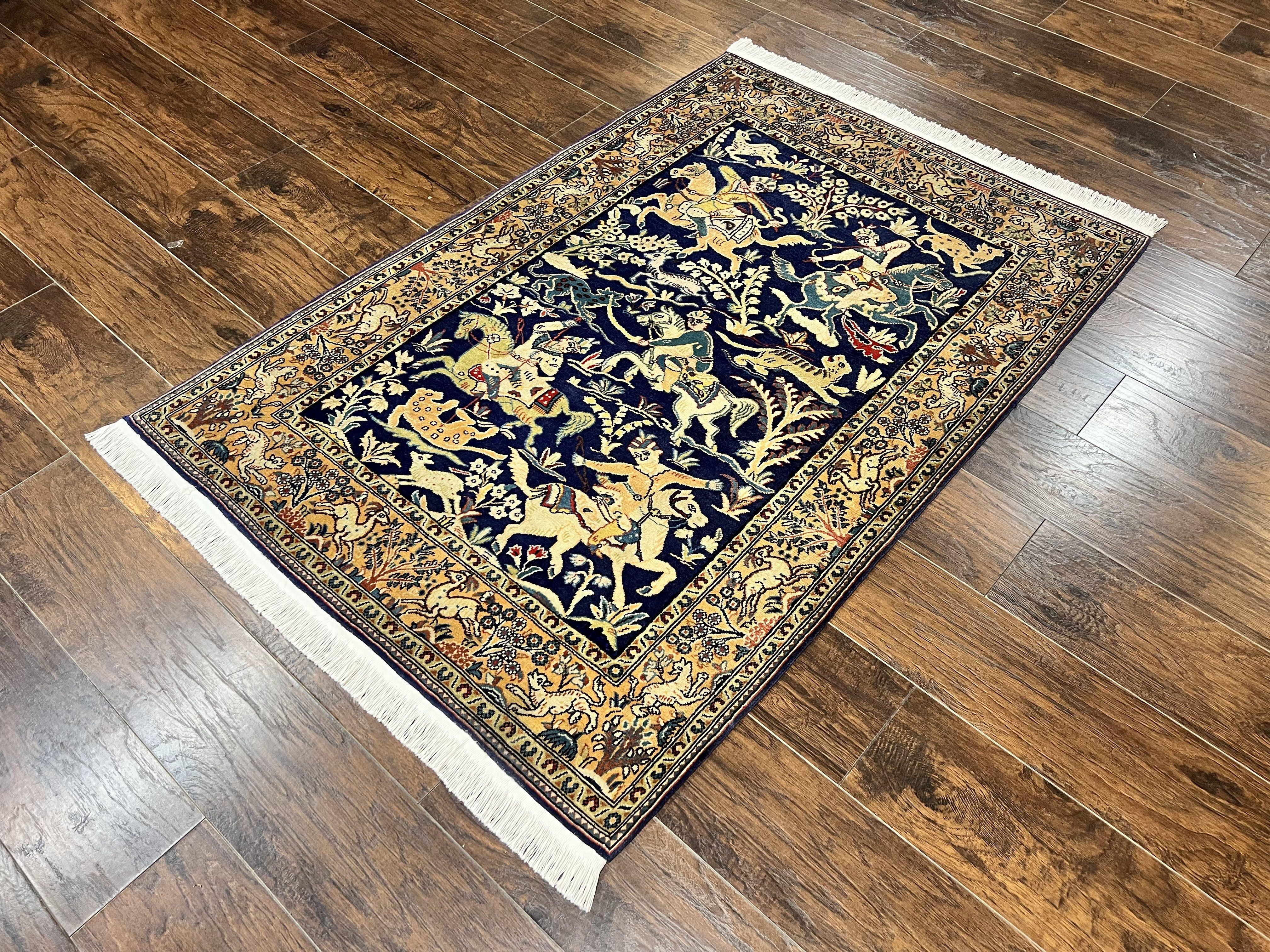 Persian Qum Hunting Design Rug 4x5, Wool Hand Knotted Vintage Oriental Carpet, Navy Blue & Mustard, Horsemen Animal Pictorials, Rare - Jewel Rugs