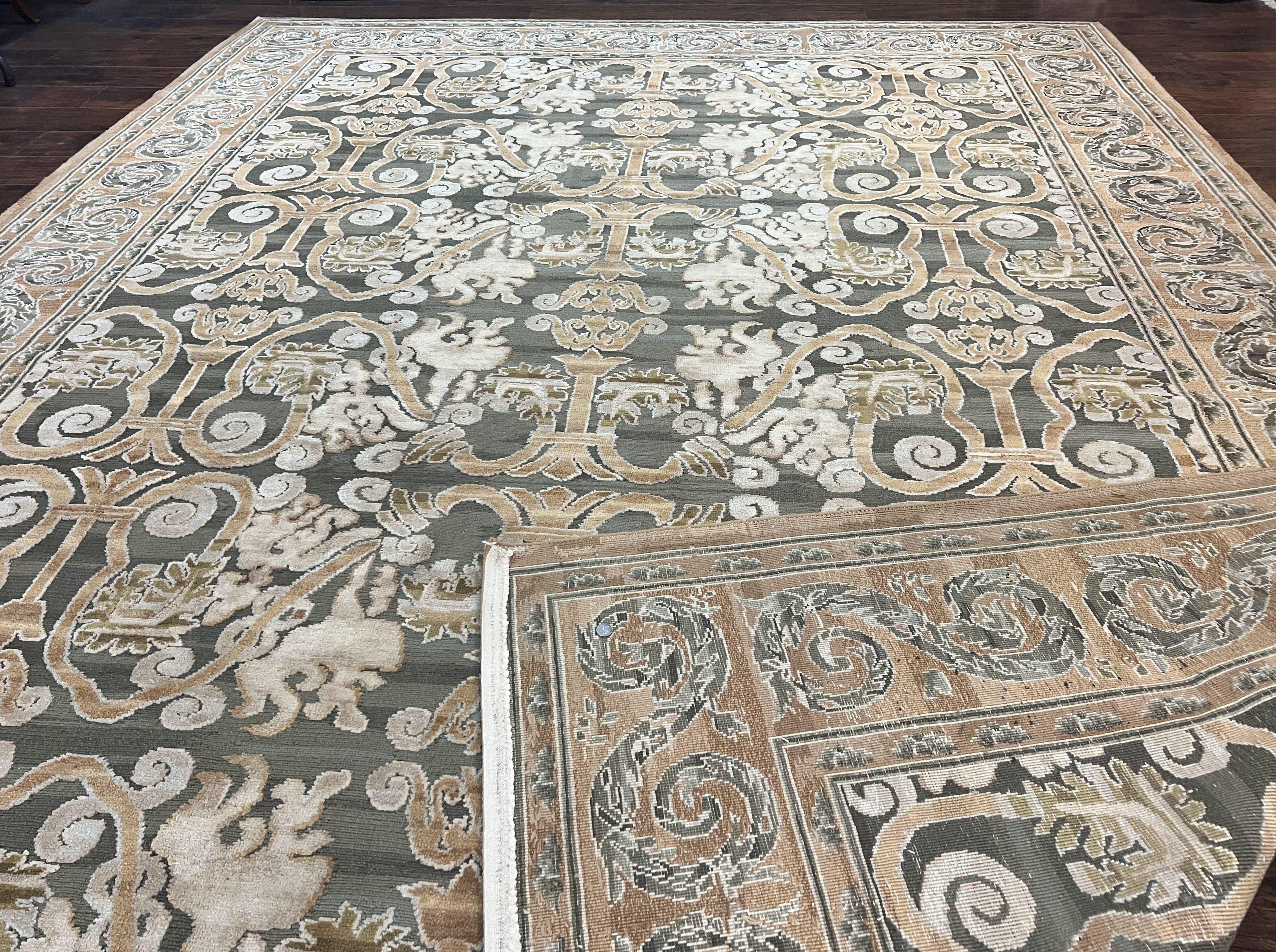 Spanish Rug 11x14, Wool Hand Knotted Vintage Carpet, Olive Green and Beige, Floral Allover, European Design, 11 x 14 Rug - Jewel Rugs
