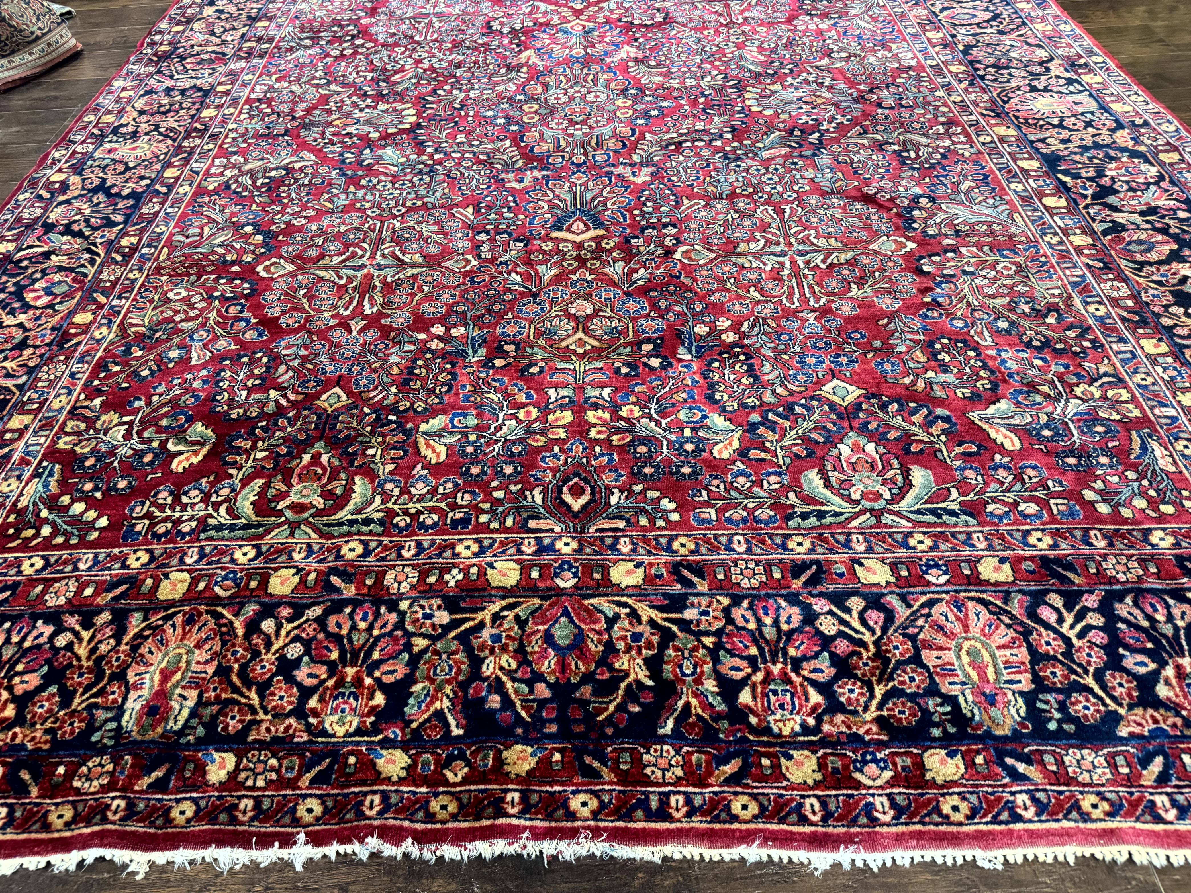 Antique Persian Sarouk Rug 9x12, Red and Blue, Large, Wool, Floral Allover - Jewel Rugs