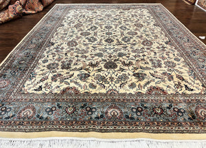 Indo Persian Rug 9x12, Wool Hand Knotted Vintage Carpet, Cream Indo Persian Sarouk Allover Floral Rug, 9 x 12 Traditional Oriental Rug