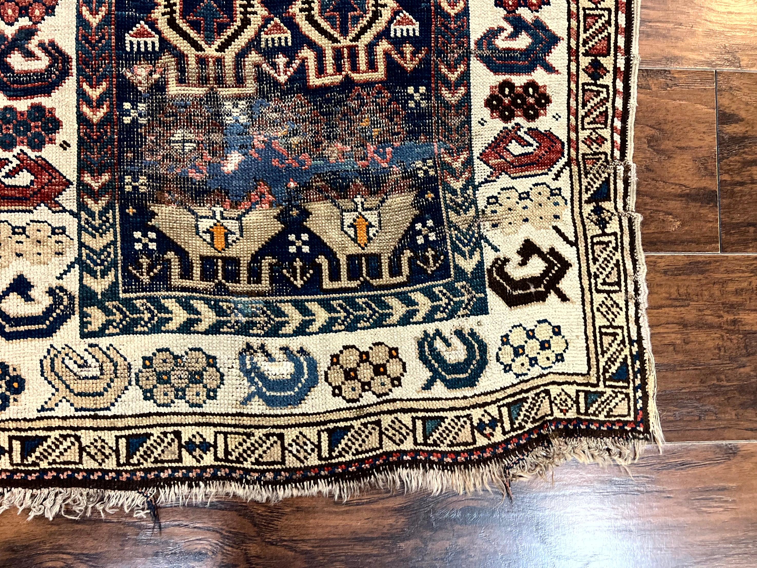 Antique Caucasian Kazak Rug 2.5 x 4, Navy Blue and Ivory, Hand Knotted Handmade Wool Rug - Jewel Rugs