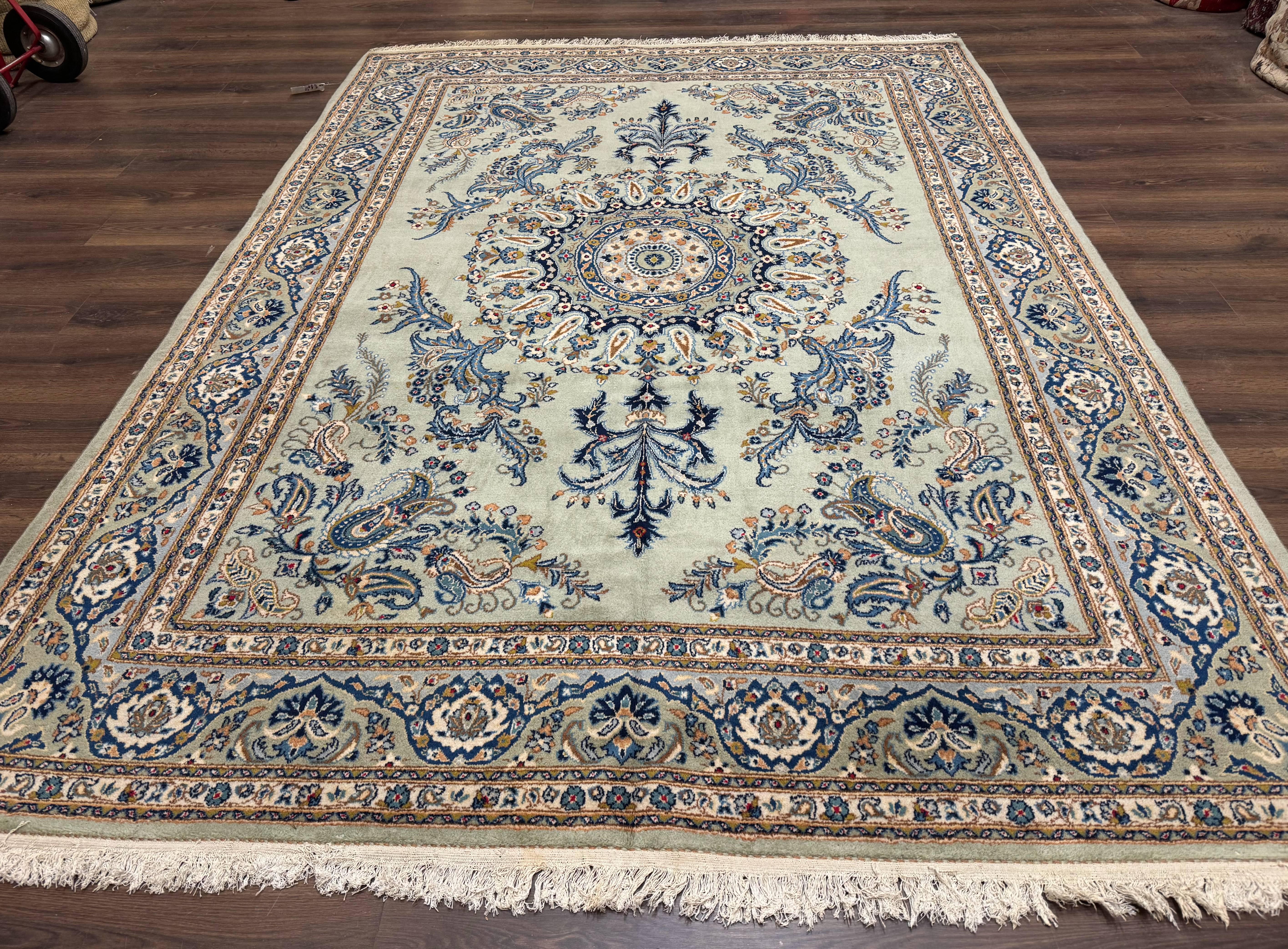 Light Green and Blue Persian Kashan Rug 7x10, Authentic Persian Carpet, Handmade, Wool - Jewel Rugs