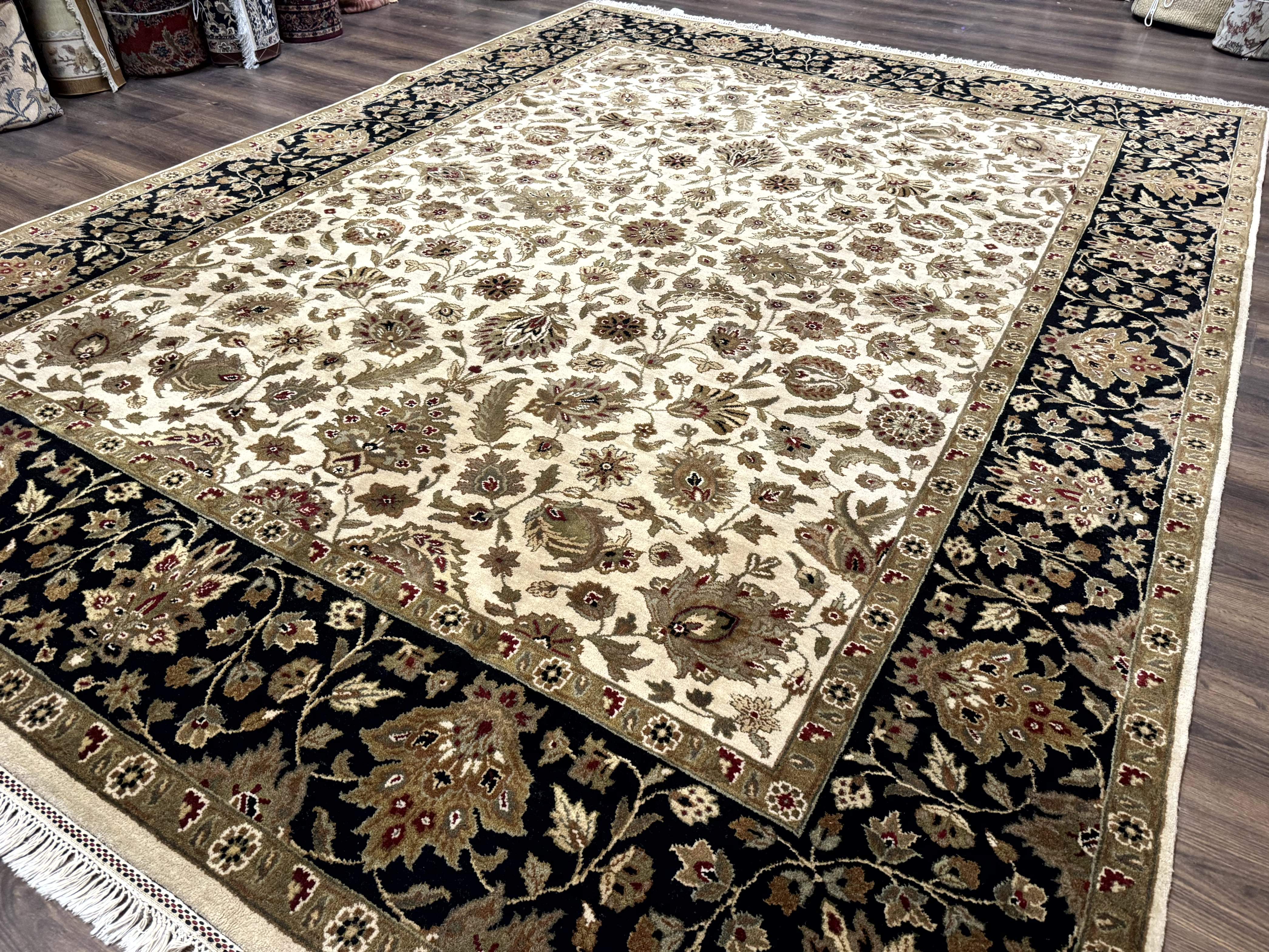 Indo Persian Mahal Rug 9x12, Cream and Black, Hand Knotted Wool Traditional Oriental Carpet - Jewel Rugs