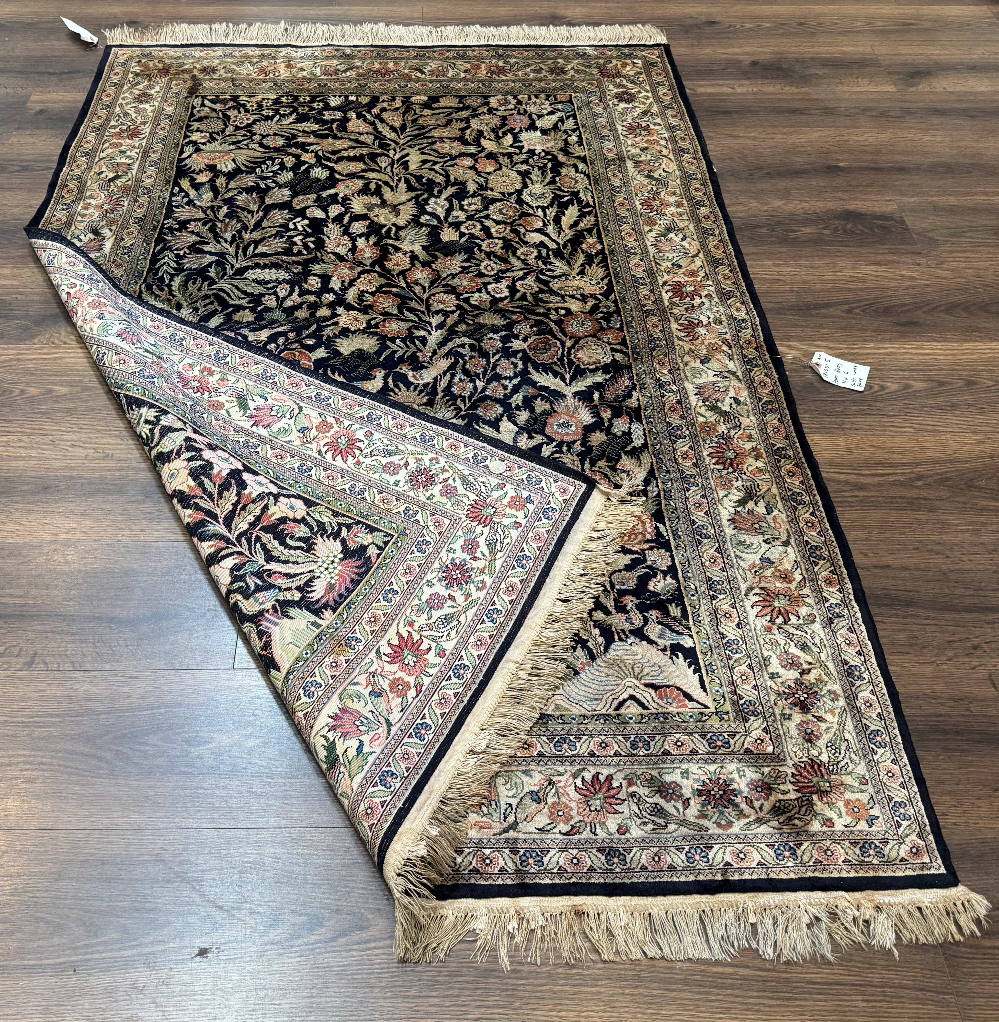 Silk Rug 4x6, Black and Cream, Floral & Bird Pictorials, Fine 330 KPSI, Sino Persian Rug - Jewel Rugs