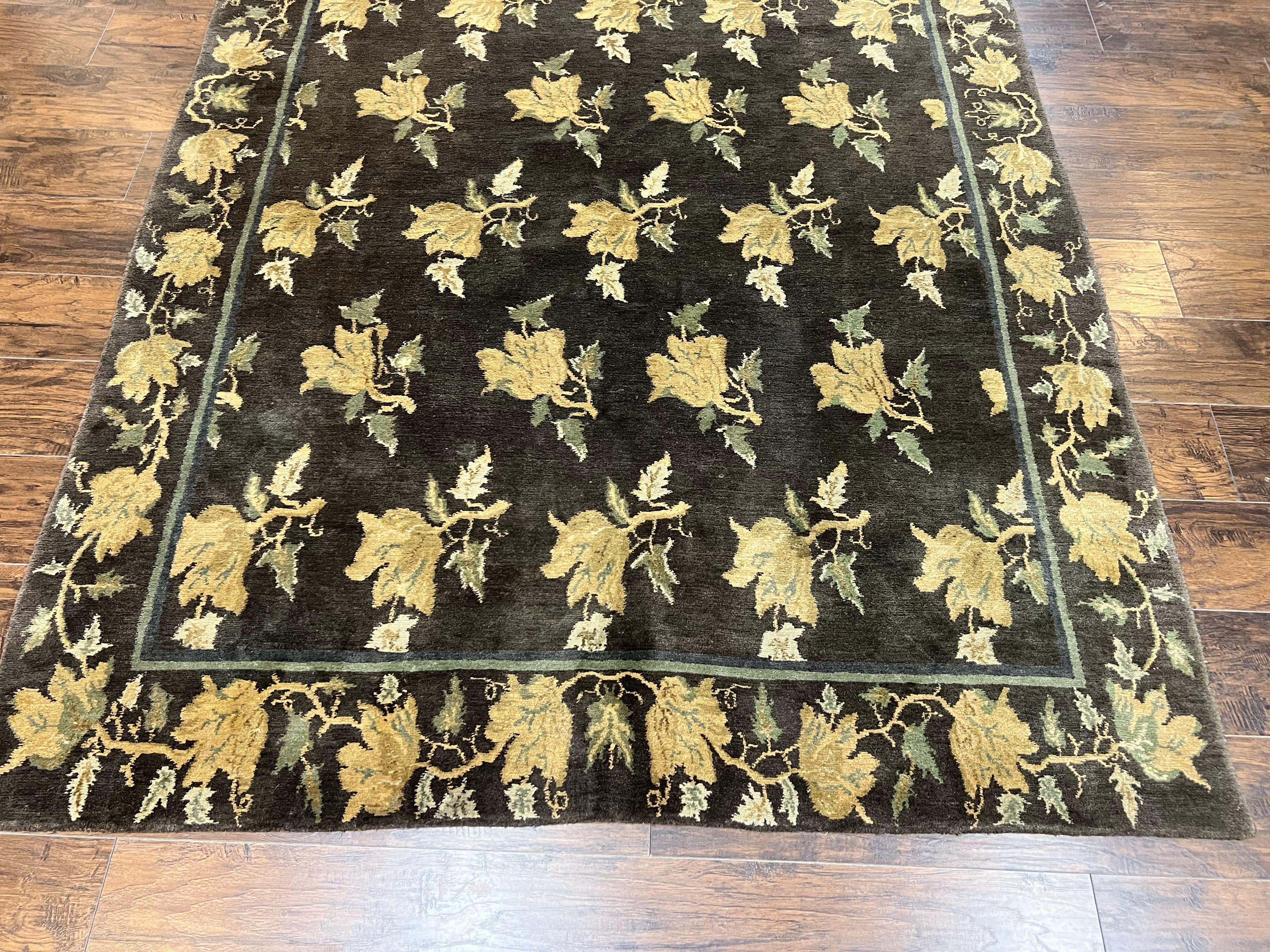 Tibetan Nepal Rug 6x9, Wool Hand Knotted Vintage Carpet 6 x 9, Dark Green & Golden Yellow, Floral Bouquets - Jewel Rugs