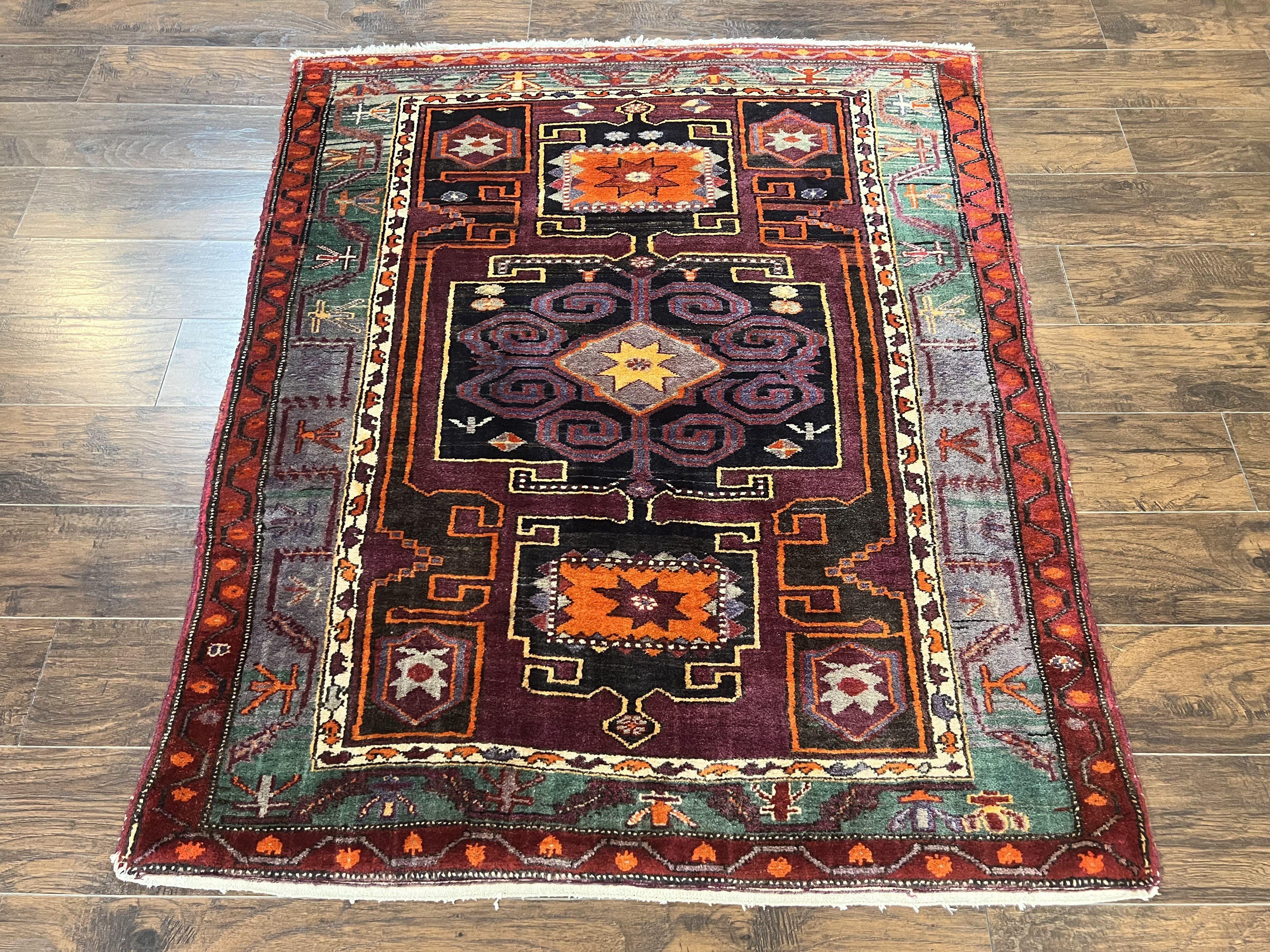 Persian Tribal Rug 5x6, Persian Nahavand Rug, Purple, Geometric Vintage Wool Handmade Carpet - Jewel Rugs