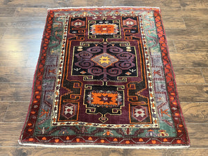 Persian Tribal Rug 5x6, Persian Nahavand Rug, Purple, Geometric Vintage Wool Handmade Carpet