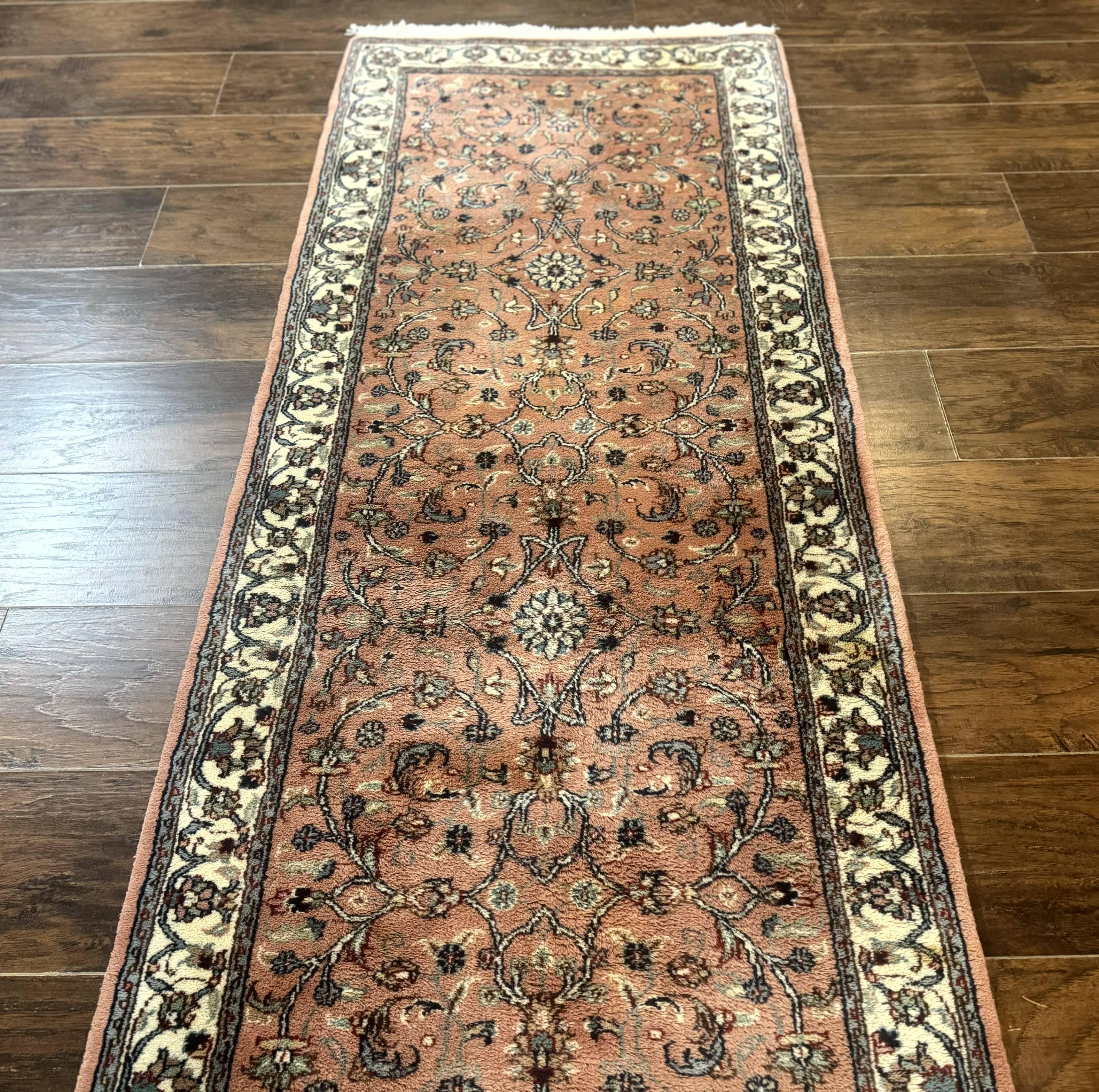 Indo Persian Runner Rug 2.6 x 10, Coral and Cream, Hand Knotted 10ft Wool Oriental Runner for Hallway or Kitchen - Jewel Rugs