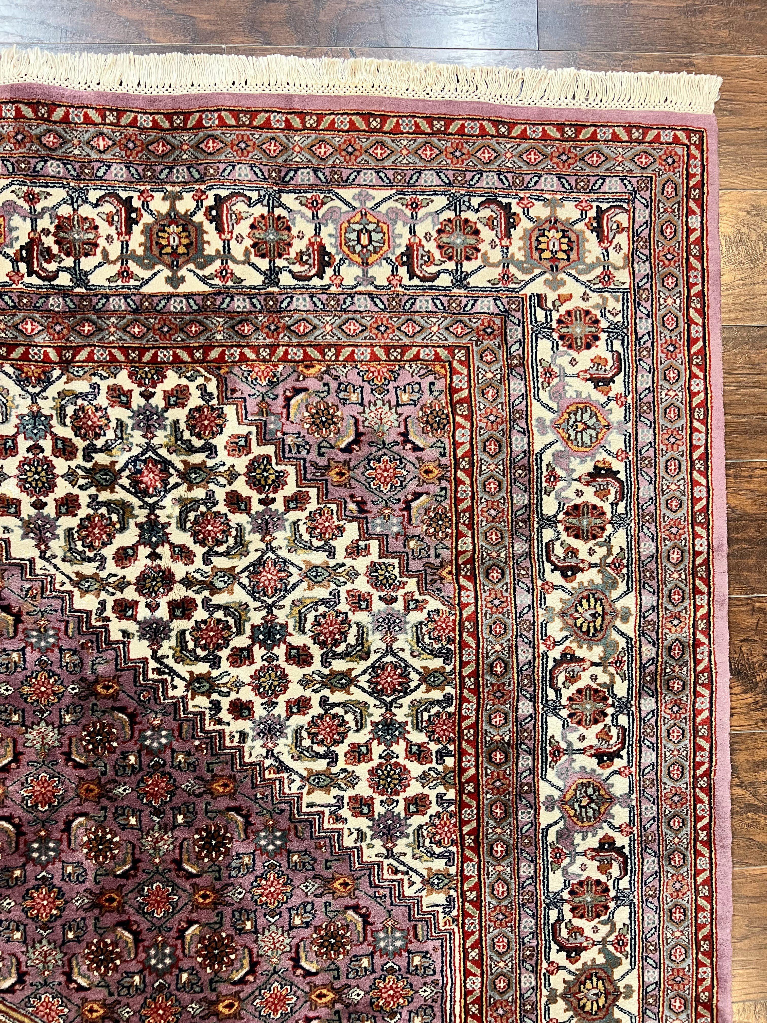 Indo Persian Bidjar Rug 8x10, Purple and Ivory Hand Knotted Wool Vintage Oriental Carpet, Herati Mahi Pattern, 8 x 10 Traditional Fine Rug - Jewel Rugs